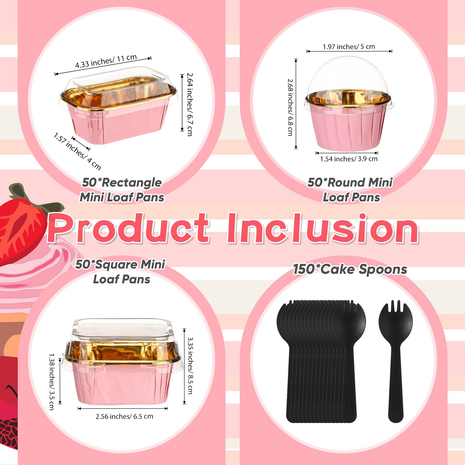 Baderke 150 mini moldes para tartas rosas con tapas y cucharas, ramequines desechables de 6.8 onzas, 5 onzas, redondos, rectangulares, cuadrados, para hornear, moldes para cupcakes, recipientes para