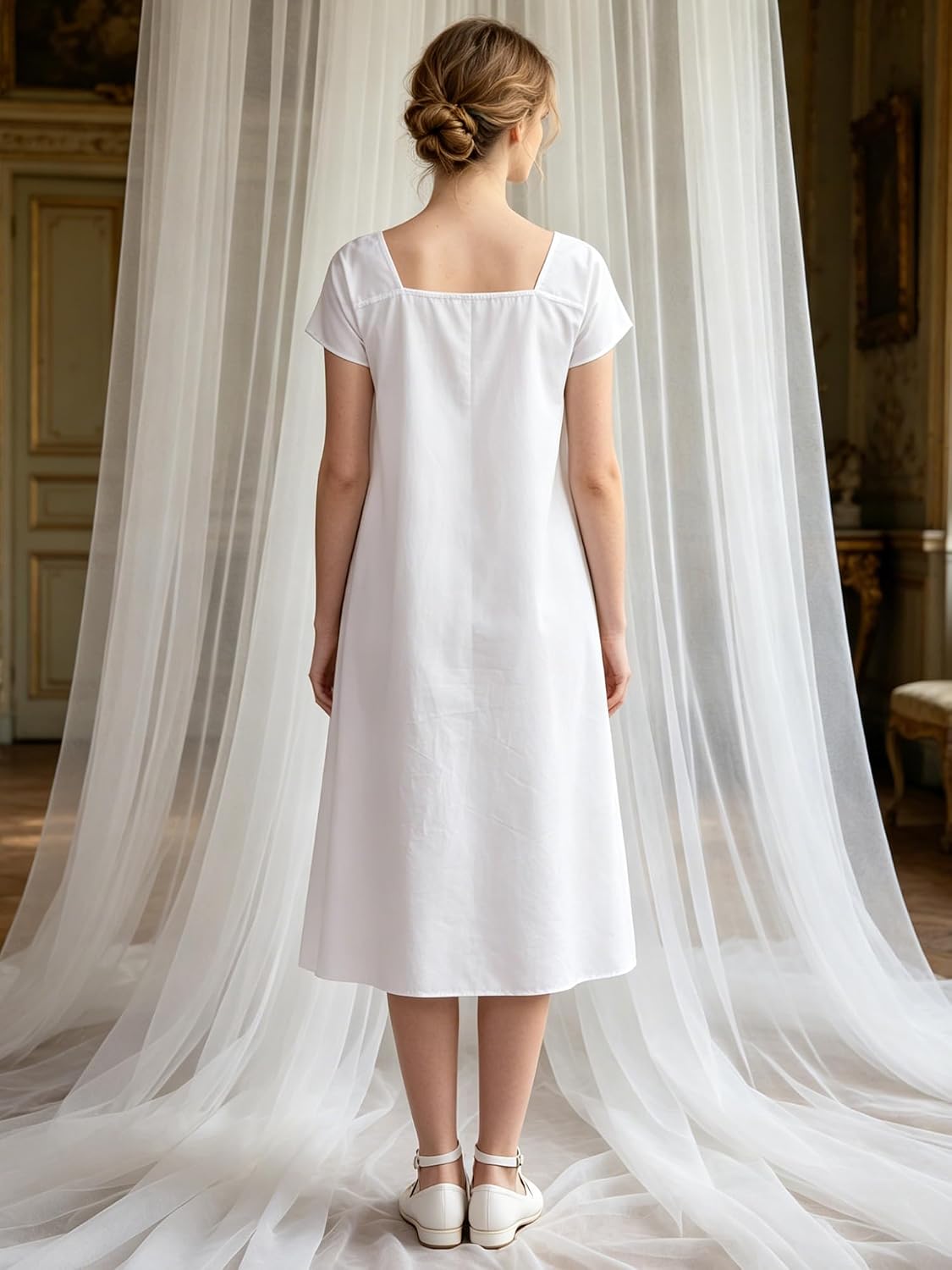 Women Regency Petticoat Sleepwear Maternity Nightgown | Soft Casual Hotel Travel Night Dress,Short Sleeve Drawstring Bust Sleep Dress,Midi Nightgown,Bridal Shower Photo Outfit