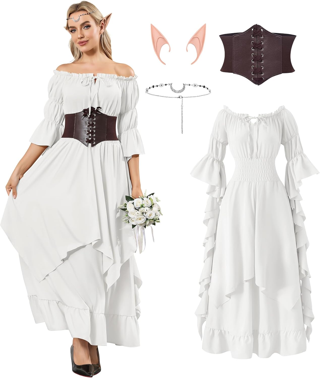 Women Renaissance Medieval Costume - Peasant Irish Victorian Gothic Off Shoulder Ruffle Fairy Maxi Dress 4 Pcs