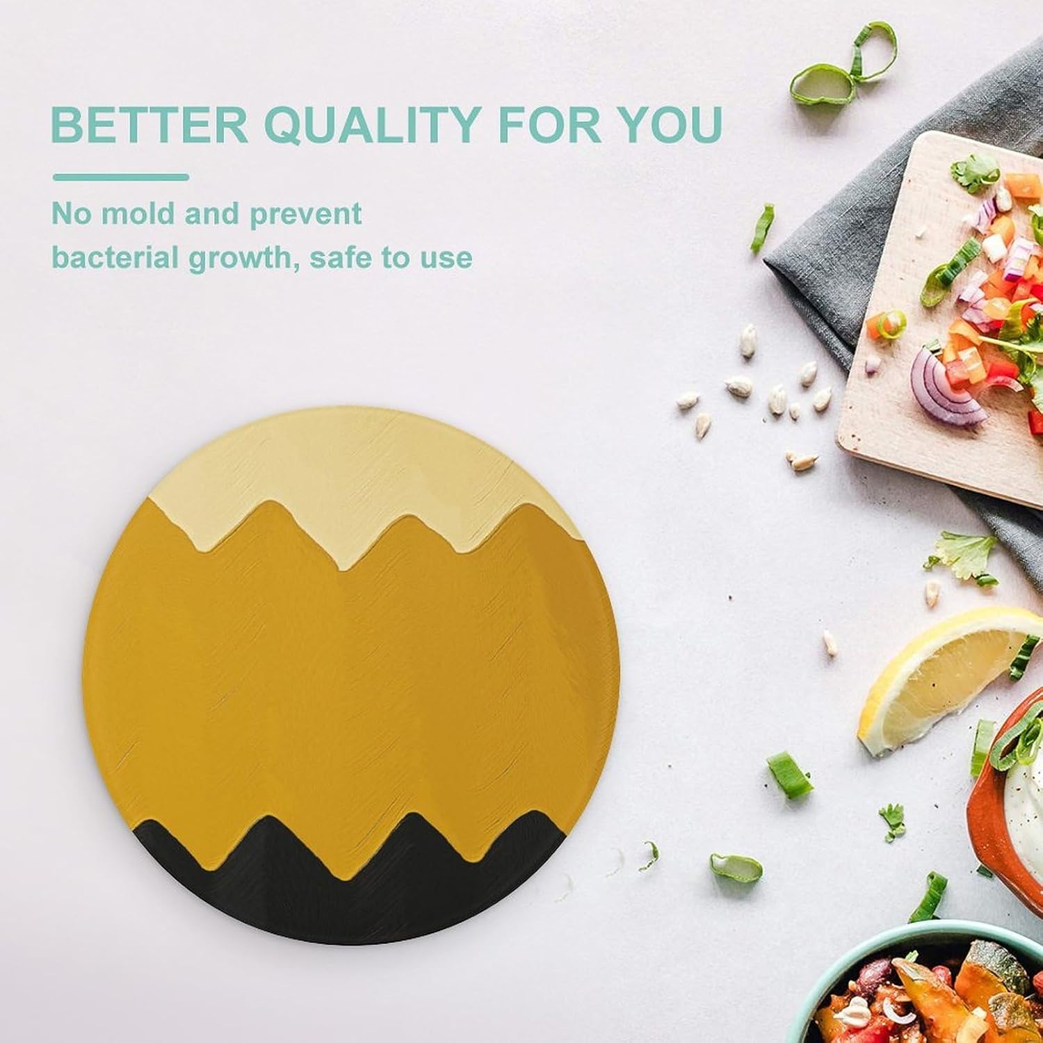 Mustard Yellow And Black Cutting Board Portable Small Chopping Boards Tempered Glass Kitchen Counter Protector Non-Slip Round Charcuterie Boards Mat for Bar Cheese Board