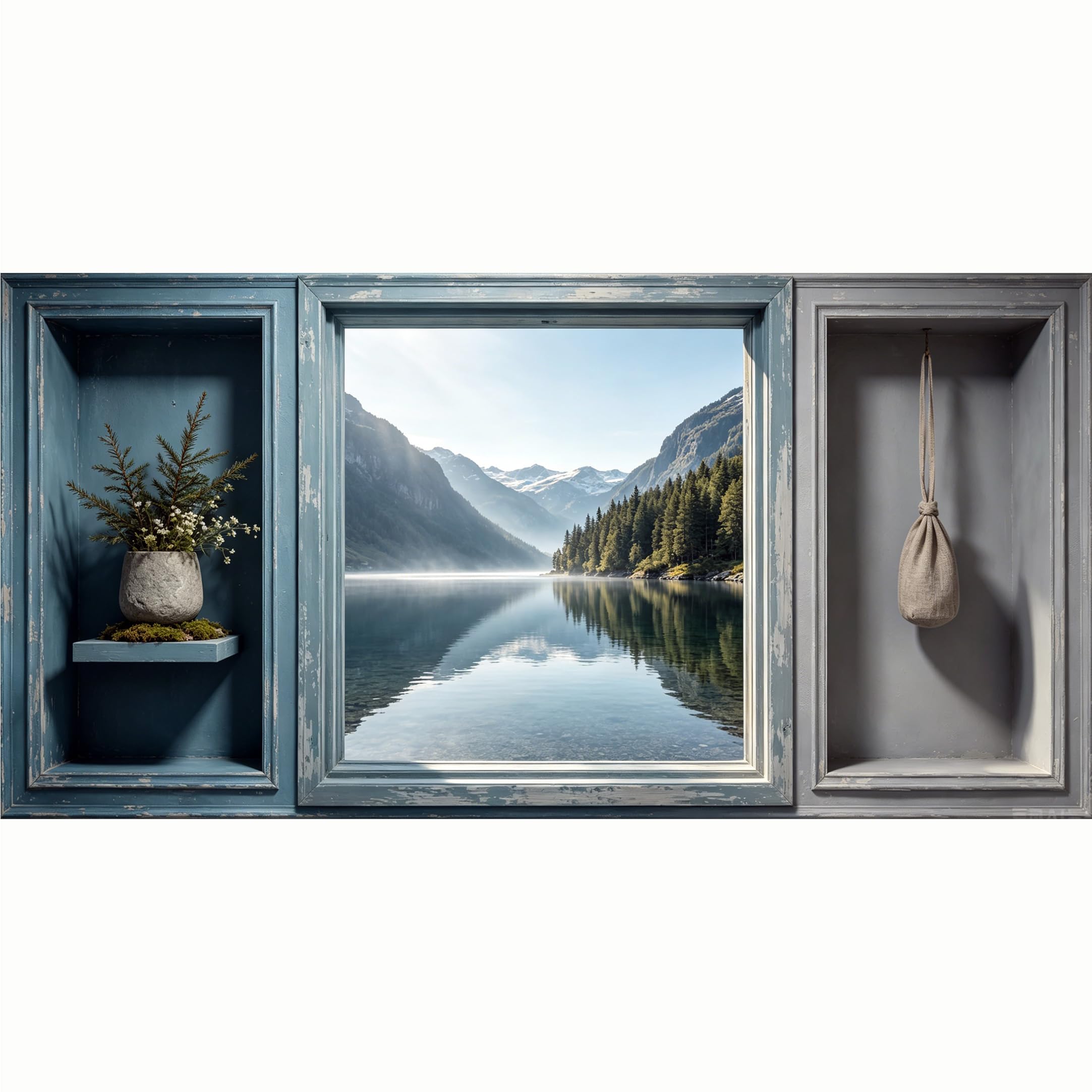 QZLITHOTIC 50x100cm 3D Framed Wall Art， Misty Mountain Lake Forest Landscape Trompe l'oeil Self‑Adhesive Mural， Water‑Activated Peel & Stick Fabric Decor Wall Decal for Bedroom Living Room