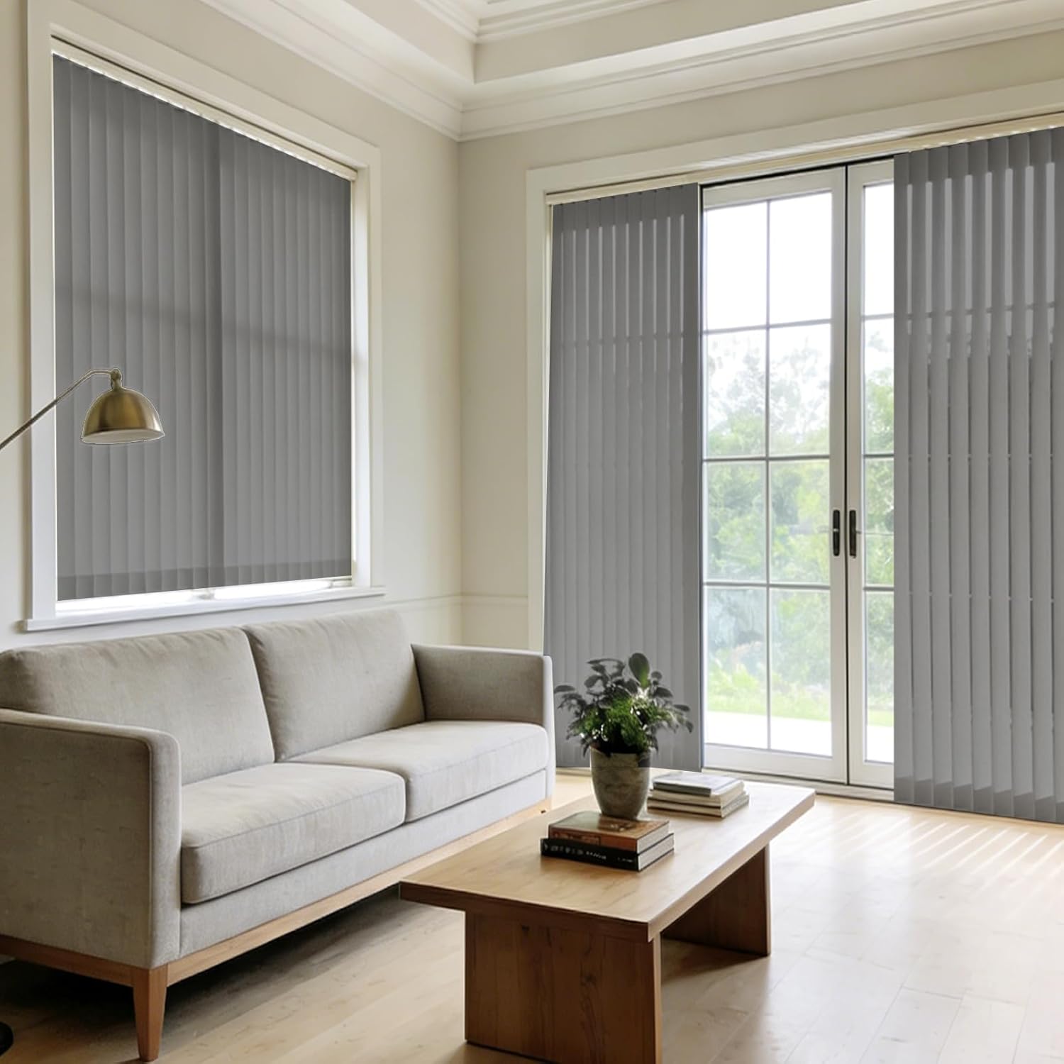 AOZORA Cordless Vertical Window Shades, 3.5inch Slat Light Filtering Fabric Thermal Insulated, Energy Saving UV Protection Decoration Vertical Window Blinds, Strip Dark Gray