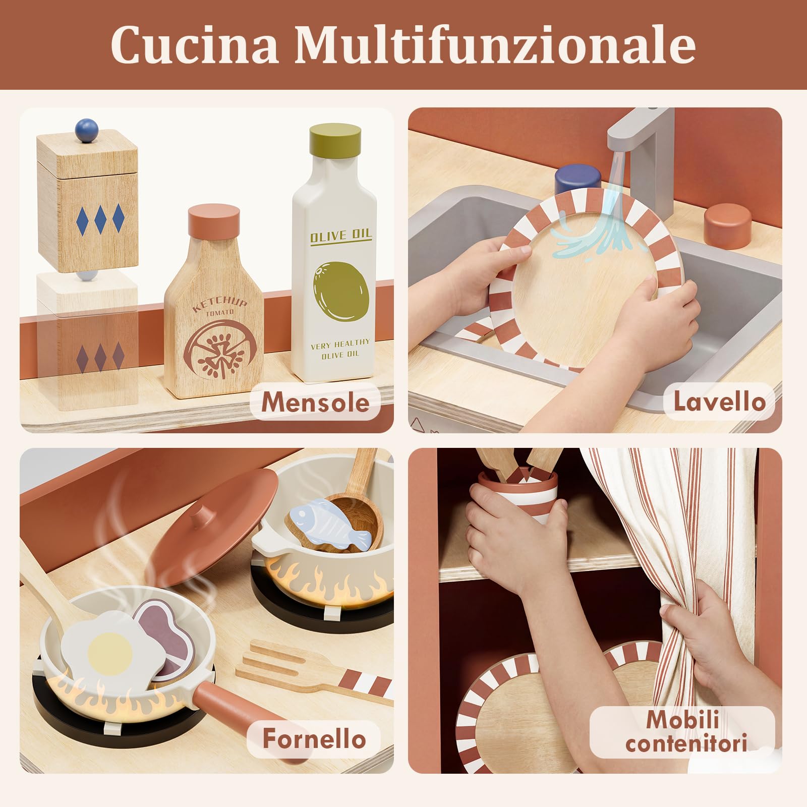 Lehoo Castle Cucina Giocattolo per Bambini, Cucina Legno per Bambini con Fornello, Cucina Bambina con Pentole e Padelle, Giochi di Ruolo per 3+ Anni