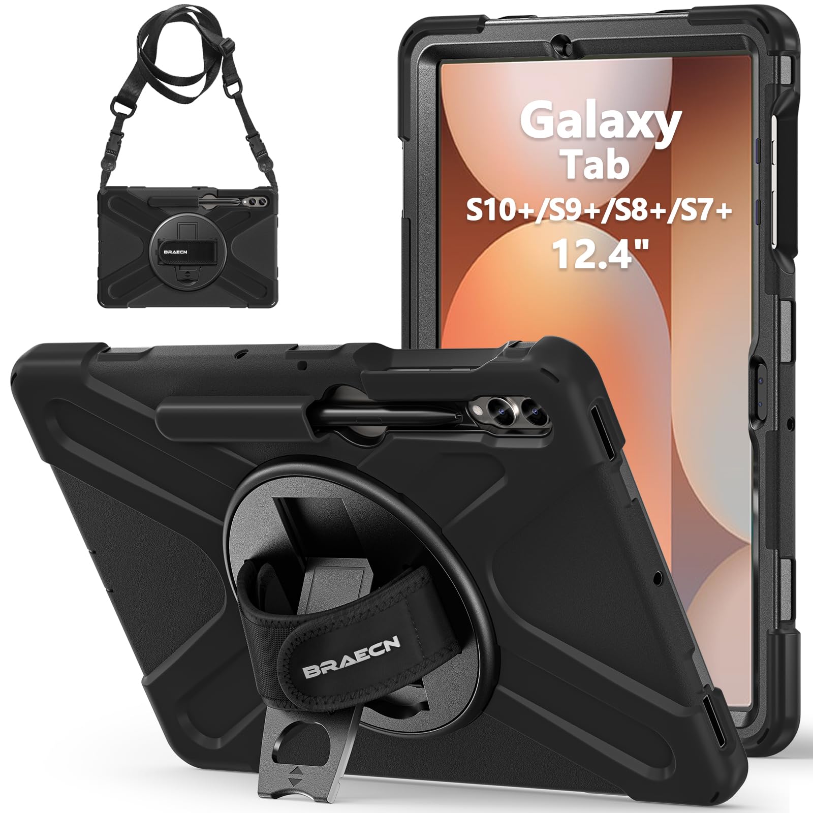 BRAECN Case for Samsung Galaxy Tab S10+/S9 FE+/S9+/S8+/S7 FE/S7+ 12.4 Inch, Heavy Duty Shockproof Sturdy Cover with 360° Rotating Hand Strap & Kickstand, Shoulder Strap, Black
