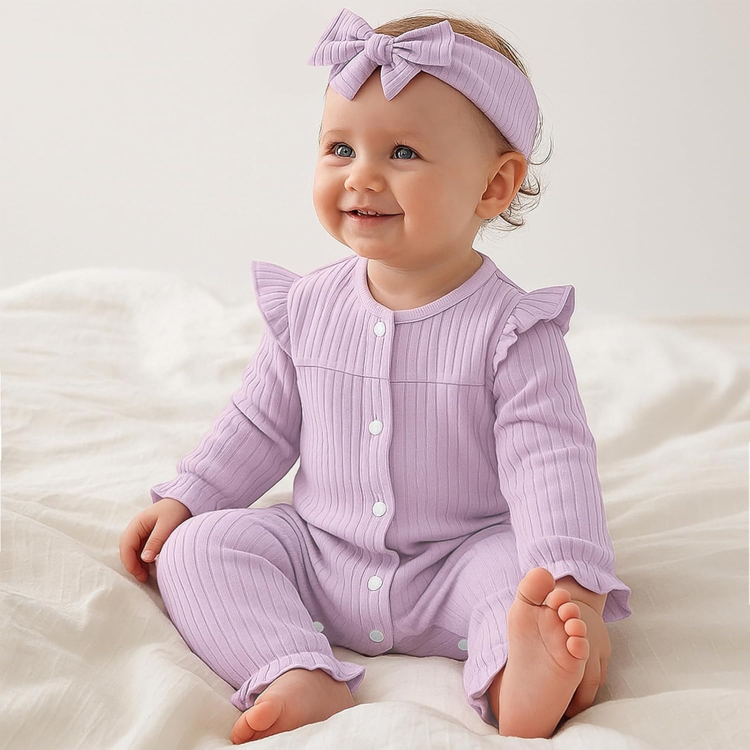 Newborn Baby Girl Fall Winter Romper Long Sleeves Ribbed One-Piece Outfits with Headband Coming Home Jumpsuit - Image 7
