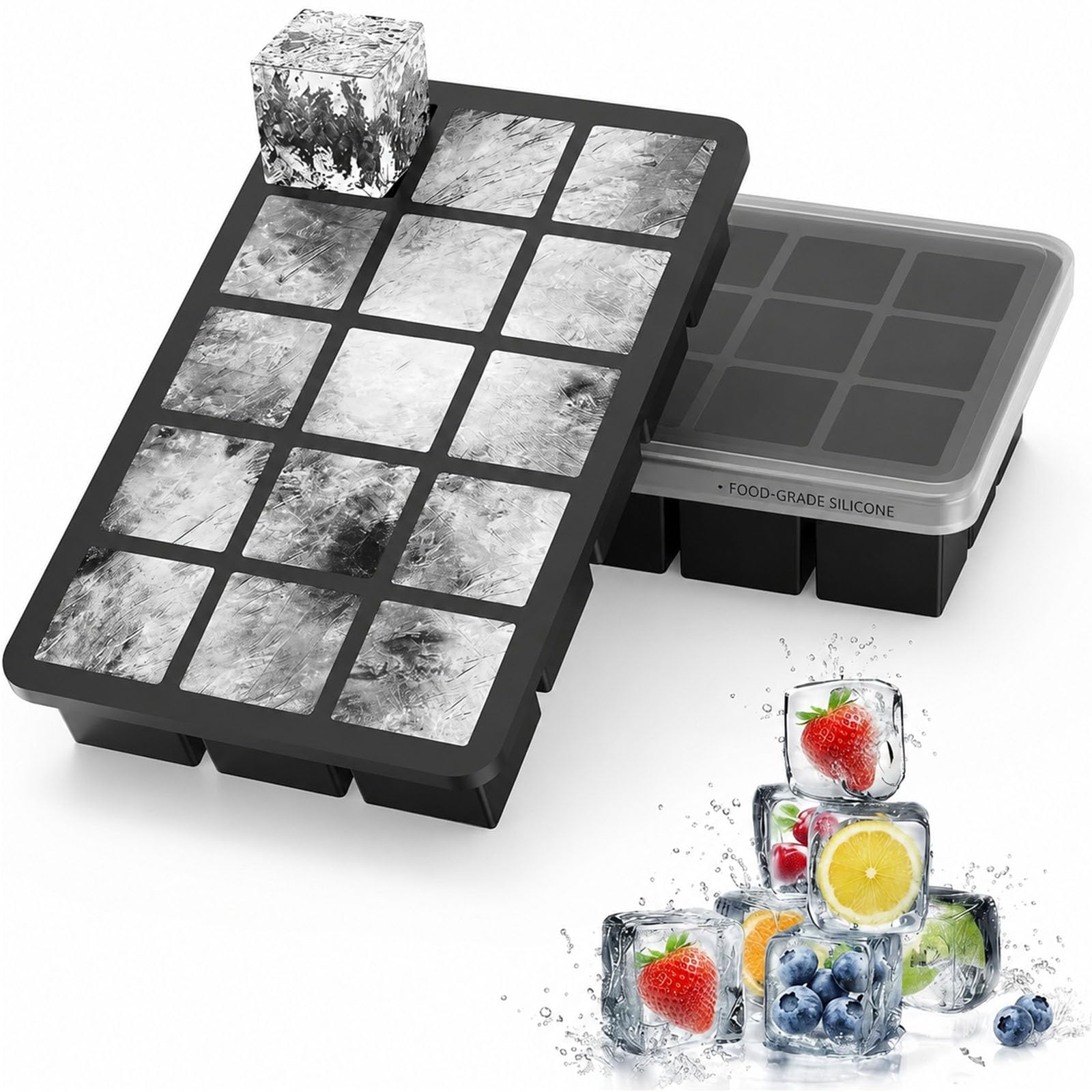 2 Pcs Silicone Square Ice Cube Trays with Lids