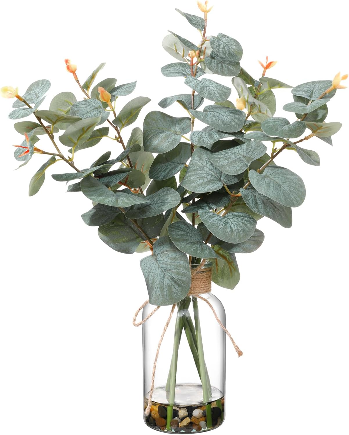15.74” Artificial Eucalyptus Stems in Glass Vase with Faux Water & Natural Stones, Lifelike Fake Greenery for Modern Farmhouse Home Decor, Bathroom Decor, Office Desk Centerpiece