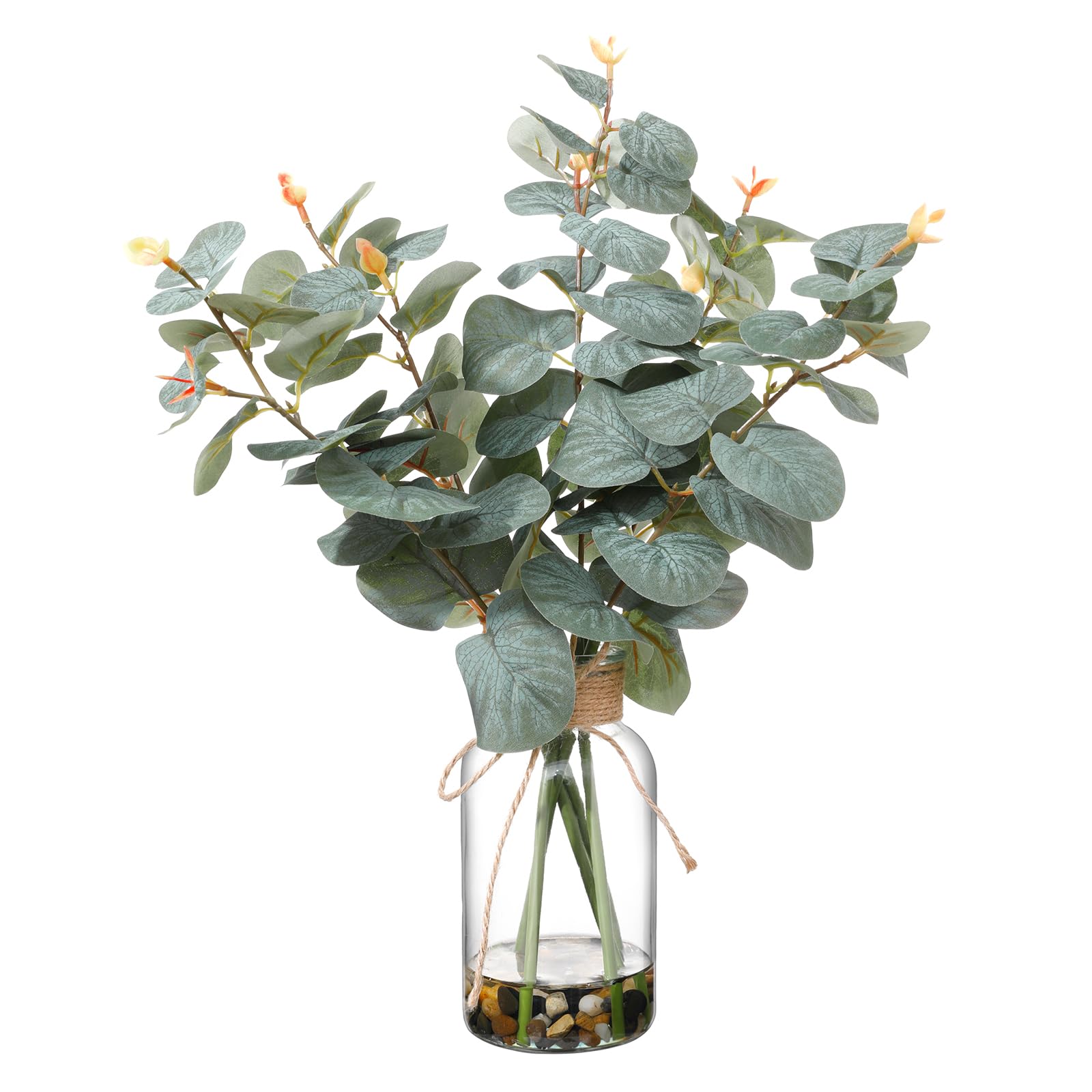 Wenhuidr 15.74” Artificial Eucalyptus Stems in Glass Vase with Faux Water & Natural Stones, Lifelike Fake Greenery for Modern Farmhouse Home Decor, Bathroom Decor, Office Desk Centerpiece