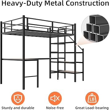 Bellemave Twin Size Loft Bed with Desk and Storage Stairs, Metal Loft Bed for Kids, Teens, Black