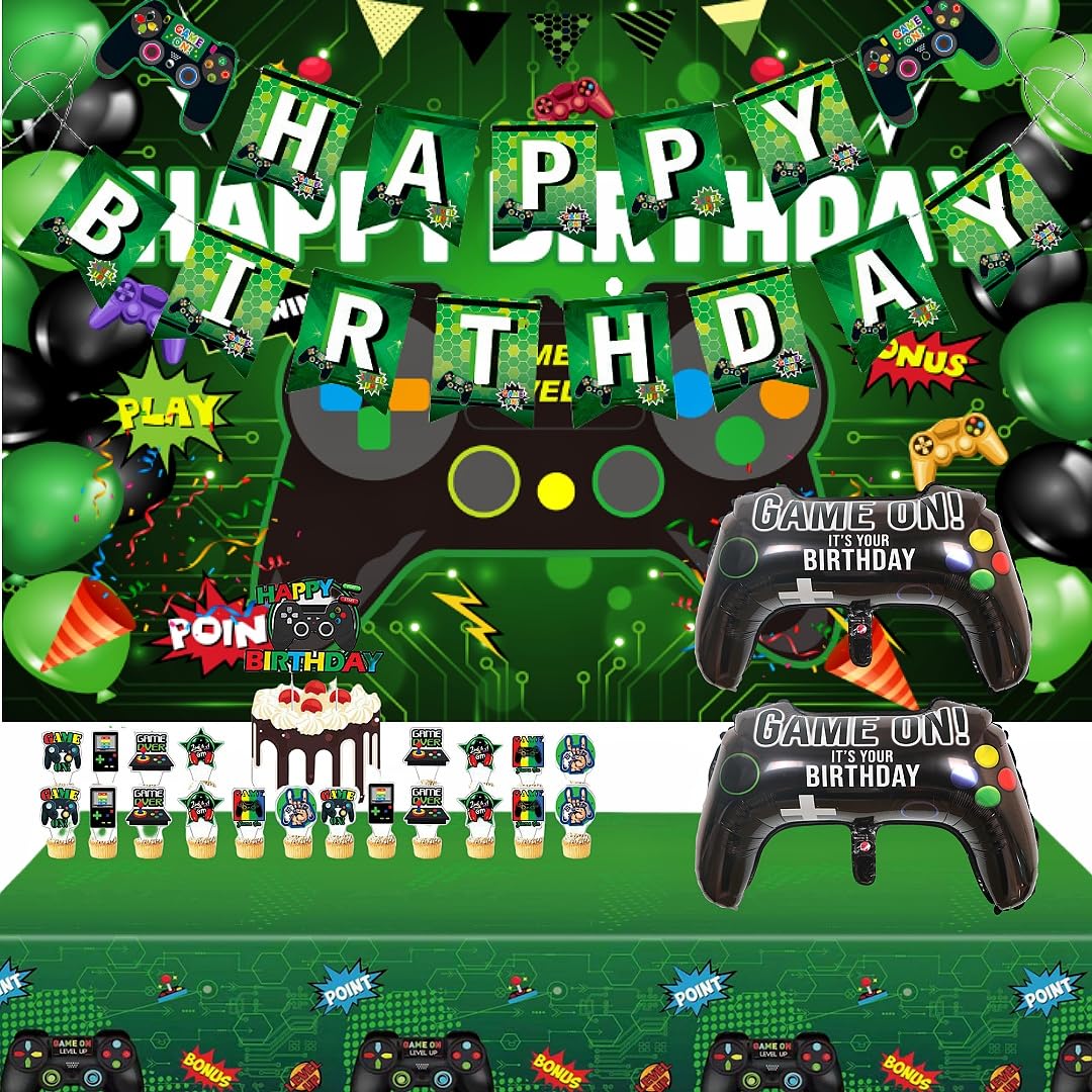Video Game Birthday Party Decoration Kit, Includes Happy Birthday Banner, Cake Decorations, Tablecloth, Foil Balloons (greener)