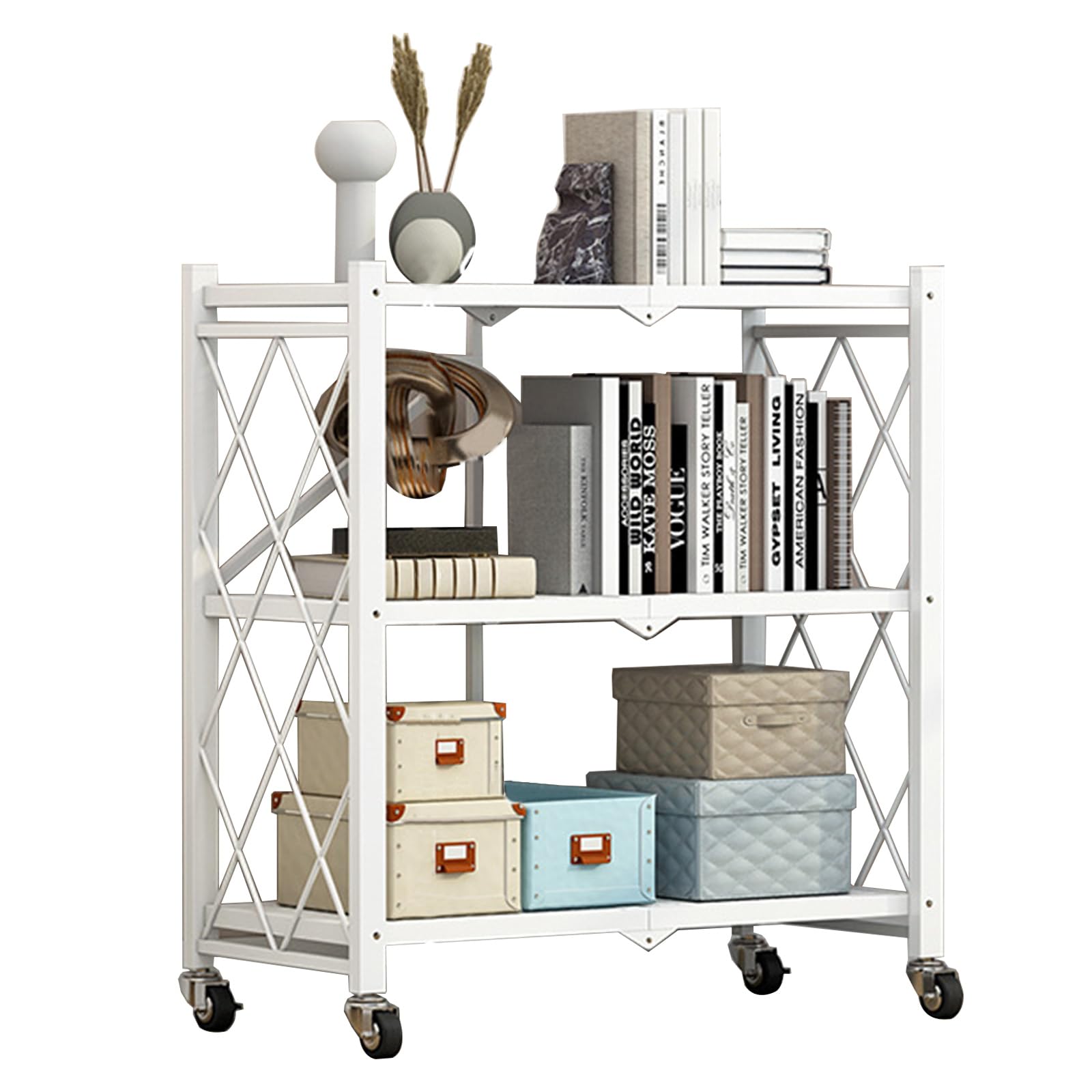 Carrito de Servir Plegable, Estante Con Ruedas Para Cocina y Microondas, Baño Con 3 Niveles, Multiusos Para Oficina, Metal (Blanco)