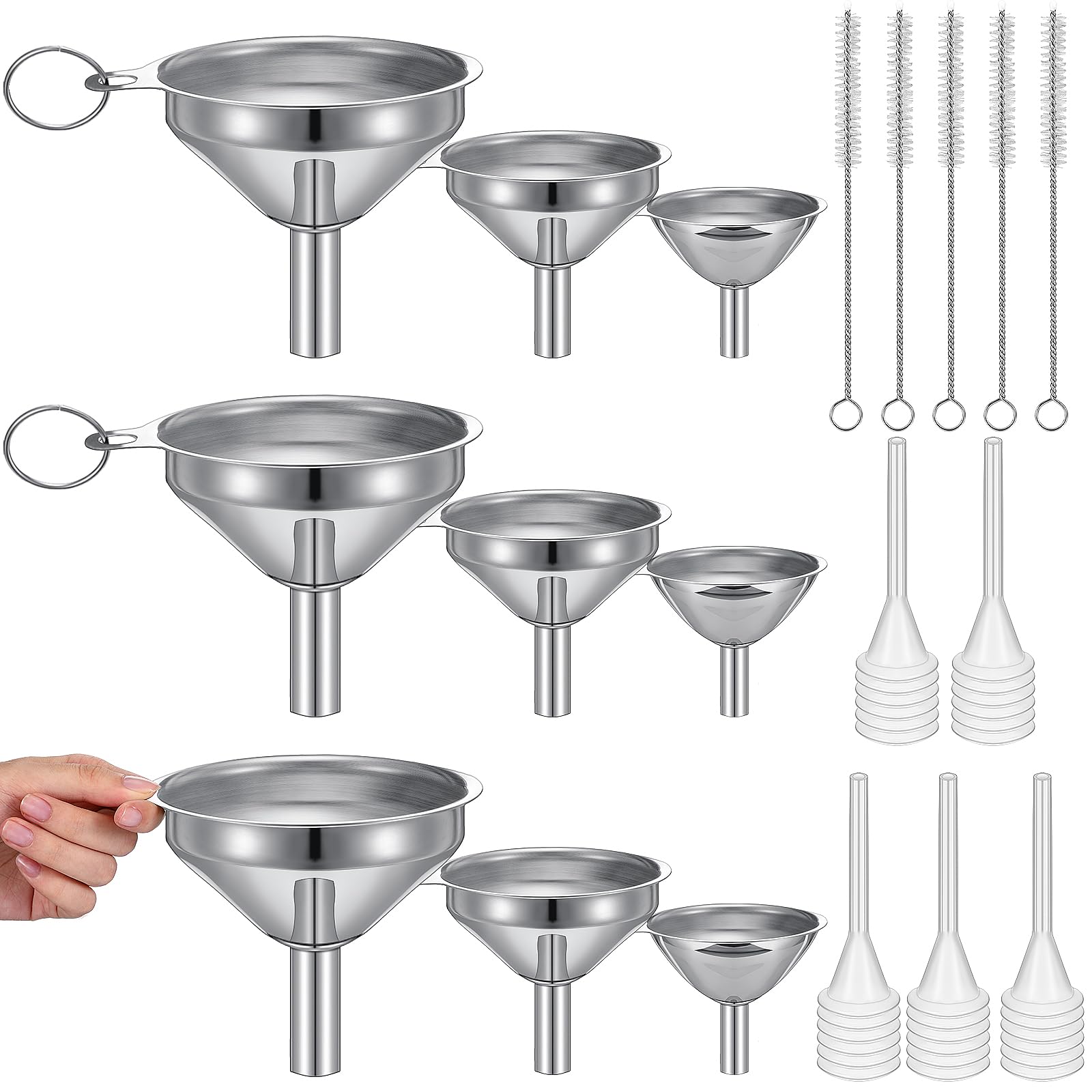Uiifan Stainless Steel Funnels, 9 Pcs Kitchen Funnels for Filling Bottles with 3 Metal Rings, 5 Pipette and 5 Cleaning Brushes Kitchen Funnels Set for Transferring of Essential Oil Spices Liquid Jam