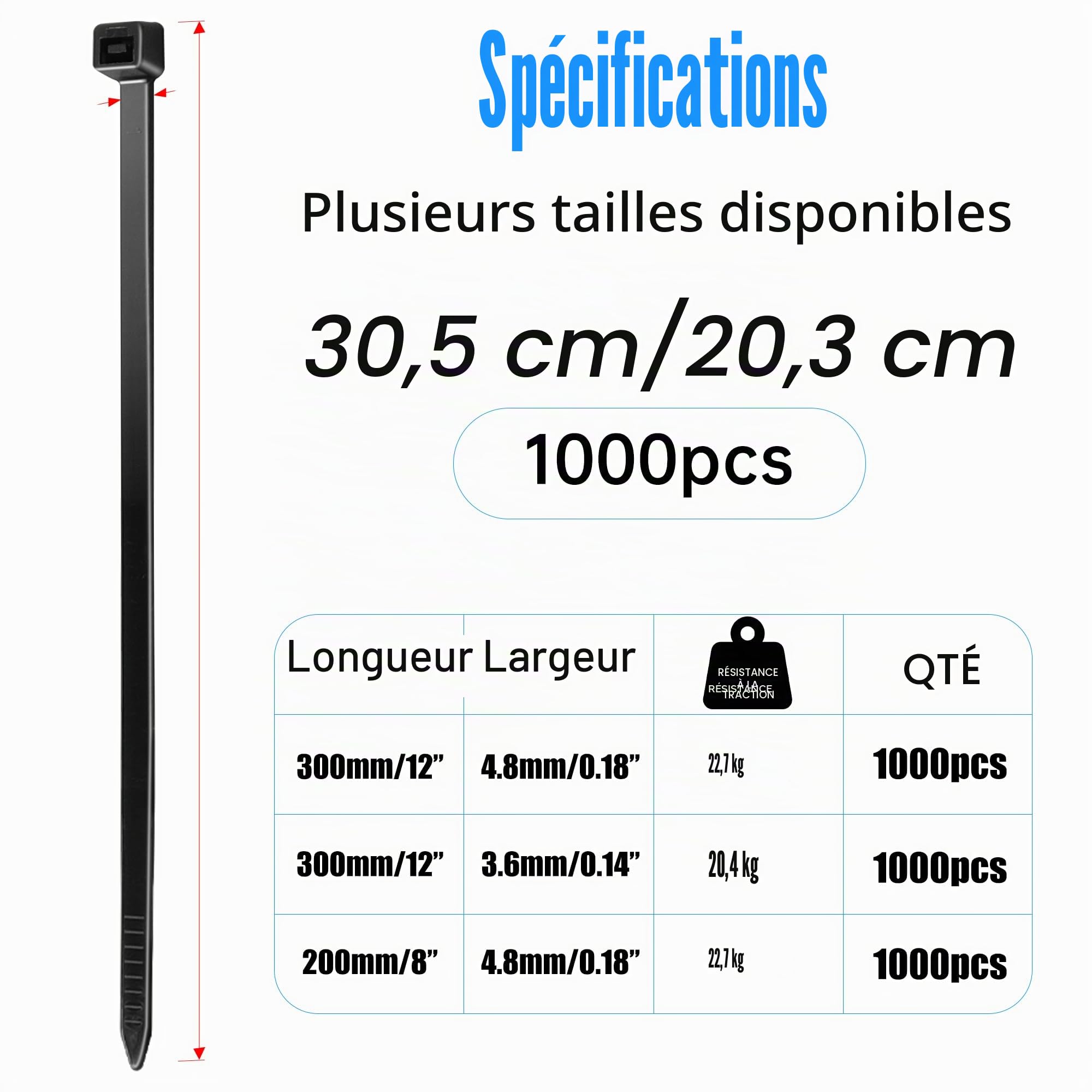 1000 Pièces Collier de Serrage 200 x 4,8 mm, Serflex Noir Resistant à La Traction De 23kg, Professionnelles Attache Câble Durable Résistant au UV Bien Fait Pour Gérer les Câbles, Jardinage, Atelier