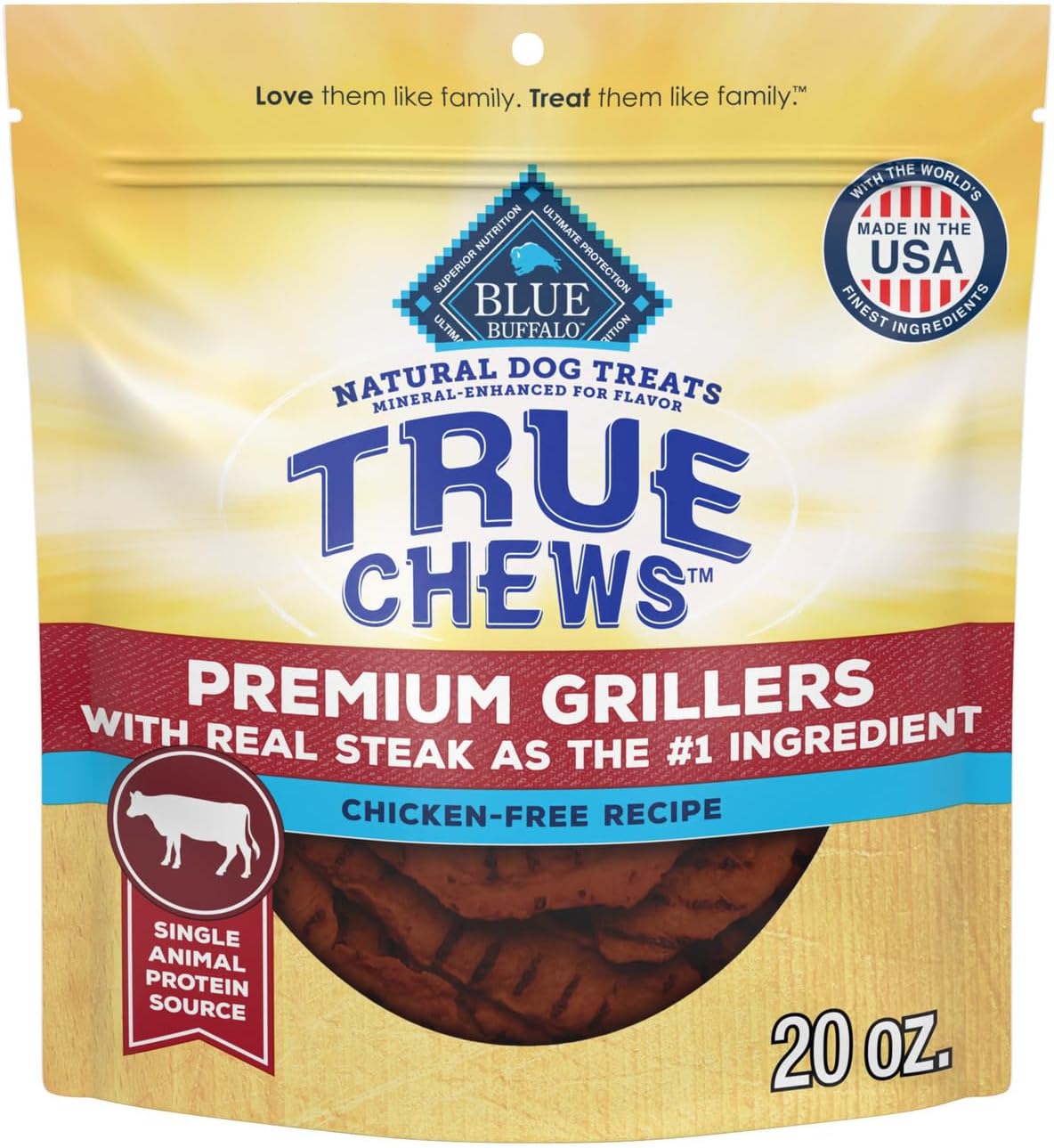 Blue Buffalo True Chews Premium Grillers Steak Dog Treats, 20 oz | Real Beef First, Charred Grilled Texture, No Chicken By-Product, Corn, Wheat, or Soy
