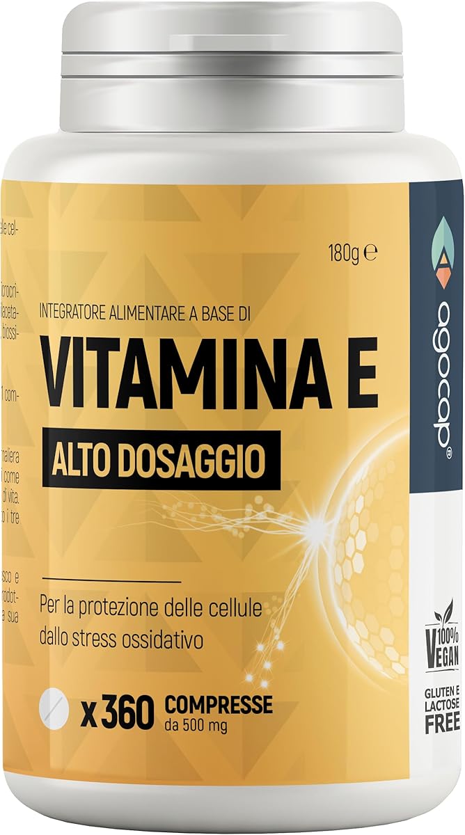 Vitamina E, 360 compresse | Prodotto in Italia, alto dosaggio | Vitamina E pura, massimo dosaggio consentito dalla normativa Italiana | Agocap, integratore vitamina e, tocoferolo puro