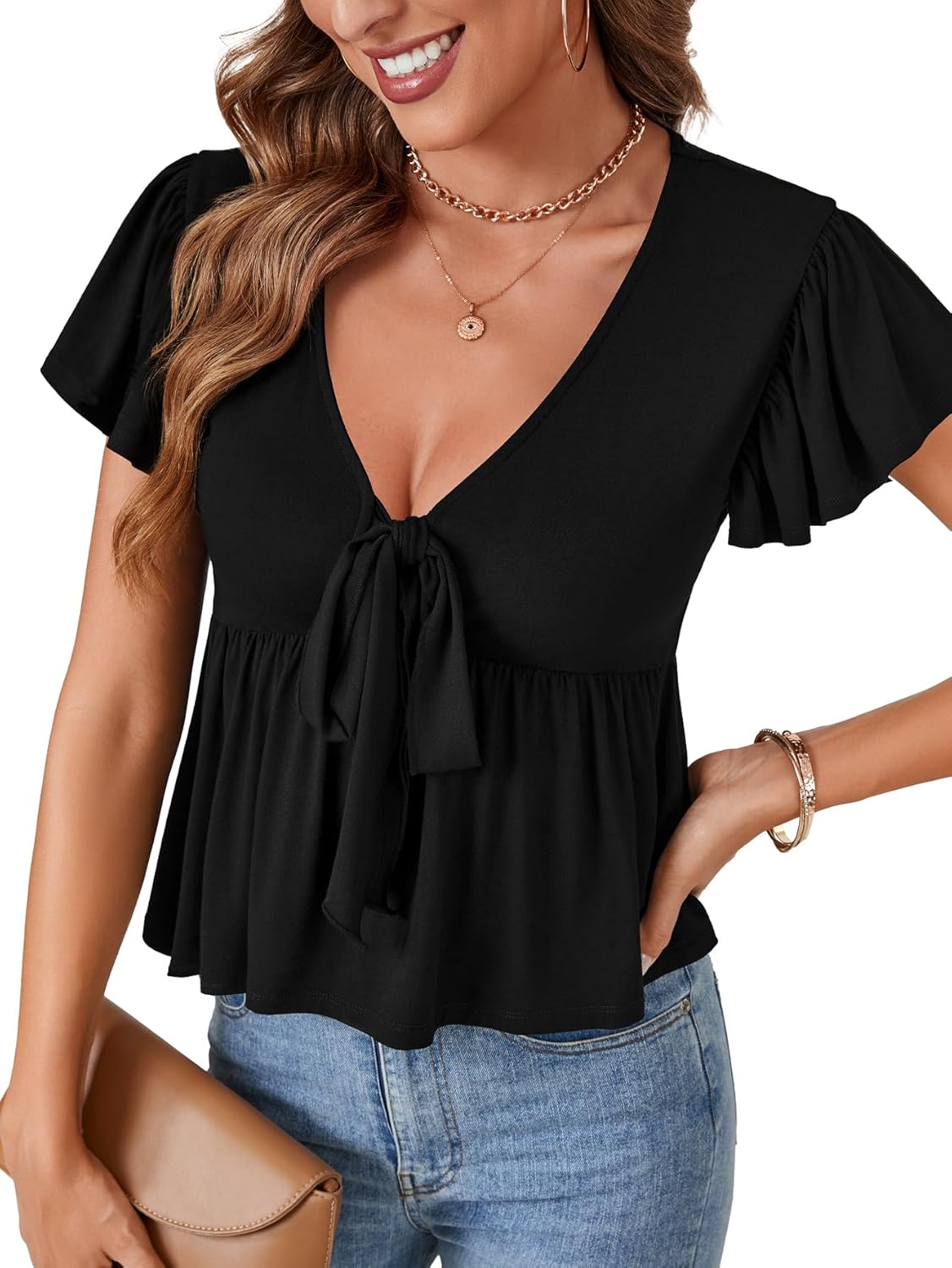 OPOIPIN Women's Deep V Neck Tie Knot Front Ruffle Hem Short Sleeve Blouse Peplum Top - Image 3
