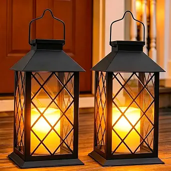 Black Outdoor Solar Lanterns, 14-inch Large Waterproof Decorative Lanterns