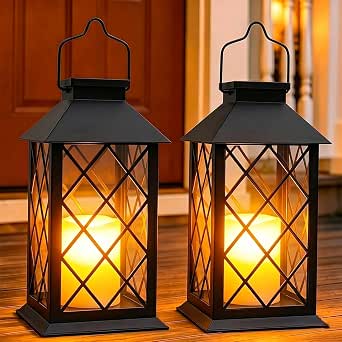Black Outdoor Solar Lanterns, 14-inch Large Waterproof Decorative Lanterns