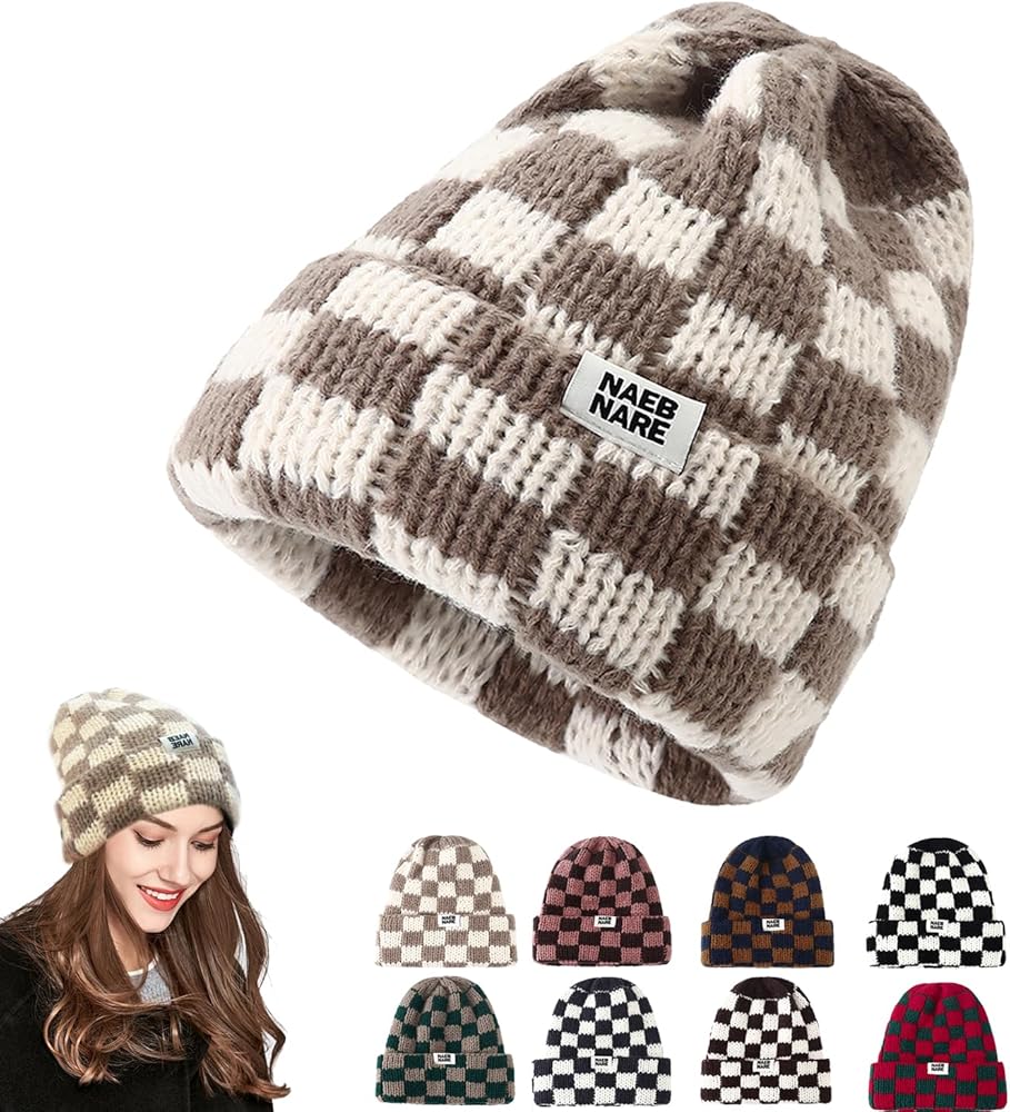 Cuffed Knit Beanie Hats for Men Women Checkerboard Plaid Womens