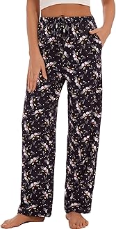 iniber Comfy Pajama Pants for Women Stretch Drawstring Lounge Pants with Pockets Casual Wide Leg Pjs Bottoms