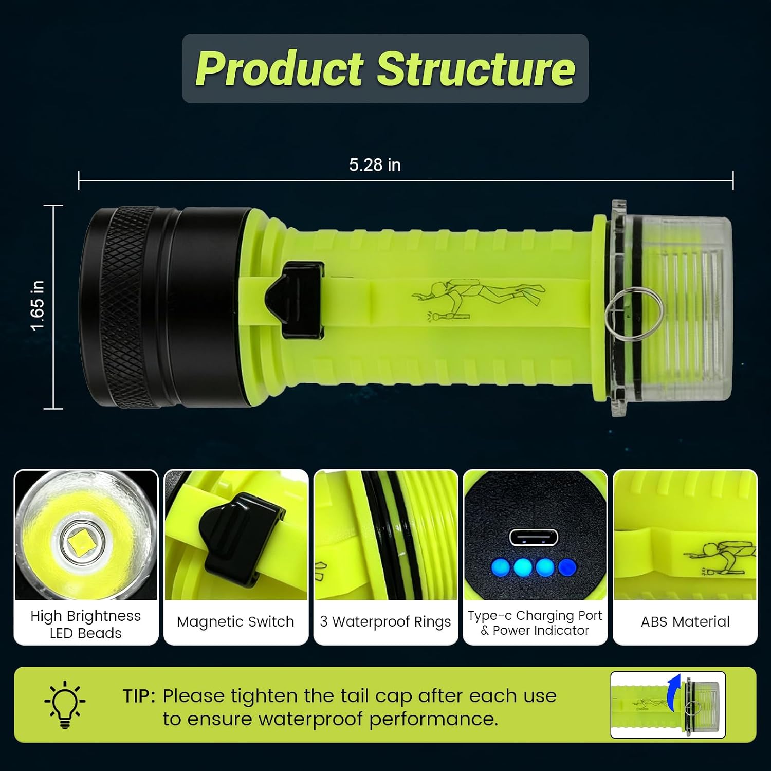 Scuba Dive Light Rechargeable, Bright Diving Flashlight Magnetic Switch | 3 Light Modes, USB-C Charging & Power Indicator, Long-lasting, Underwater IPX8 Waterproof, Snorkeling, Night Diving, Caving