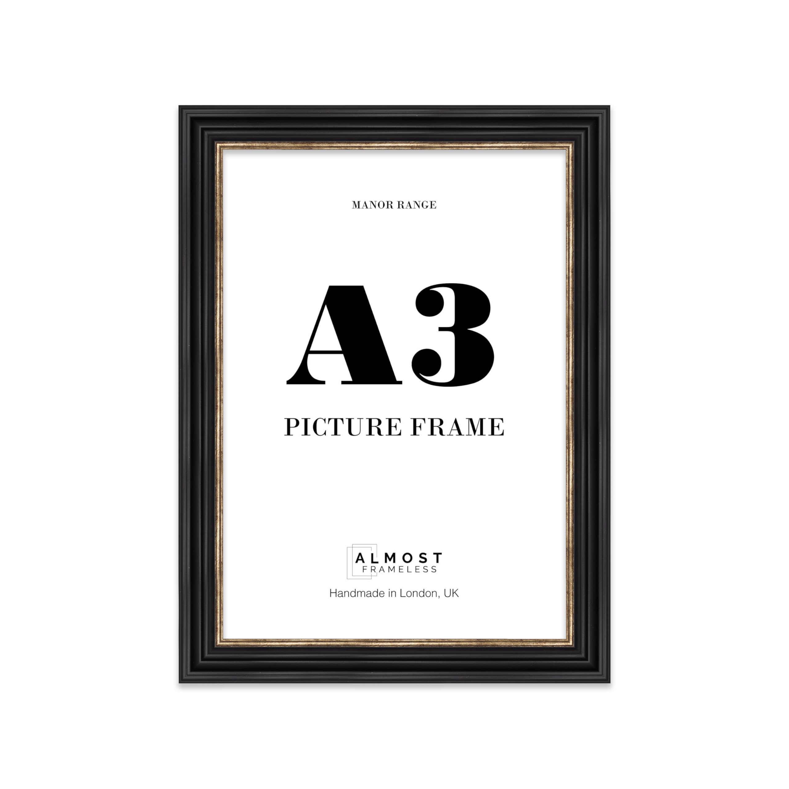 A3 Picture Frame, Display A3 Pictures (29.7 x 41.9cm) - Black & Gold Classic 42mm Edge Photo Display - 1 Pack