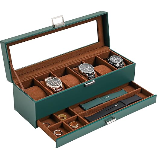 ProCase Men's Watch Box - 6 Slot Display Case with Drawer, Glass Lid, 2-Layer Jewelry & Watch Storage - Midnight Green
