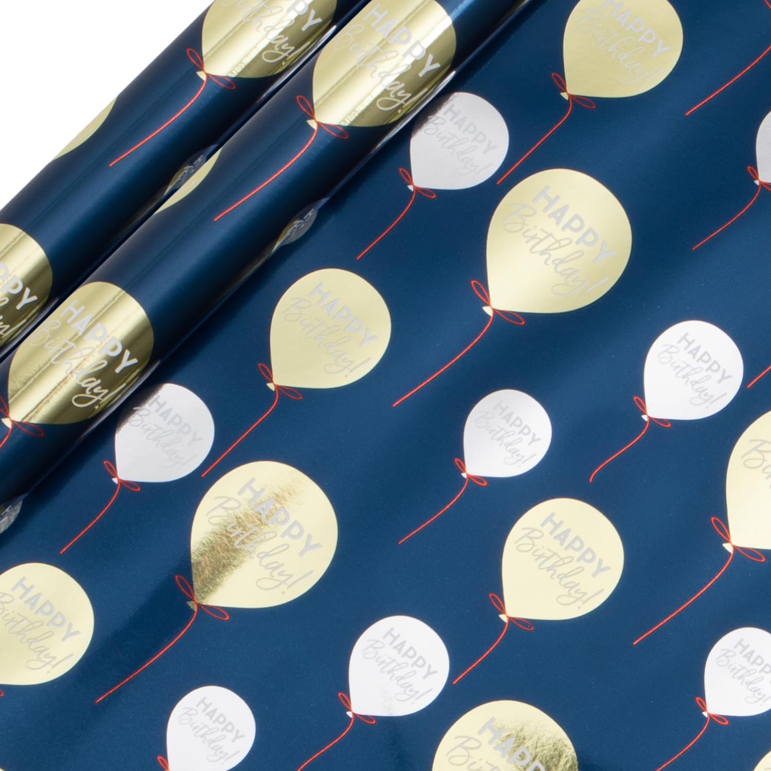 Glick 2 Pack Gold Balloons Happy Birthday Wrapping Paper, For Birthdays for Him, 2 Recyclable Rolls (2m x 70cm), Blue, Eco-Friendly