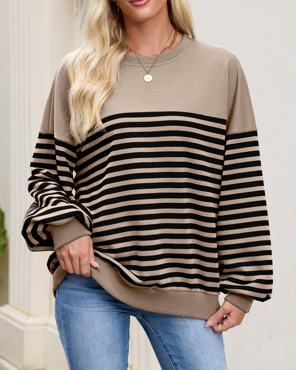 HEYTALALA Womens Oversized Striped Sweatshirts Y2K Long Sleeve Crewneck Sweater Color Block Drop Shoulder Loose Pullover Tops - Image 5
