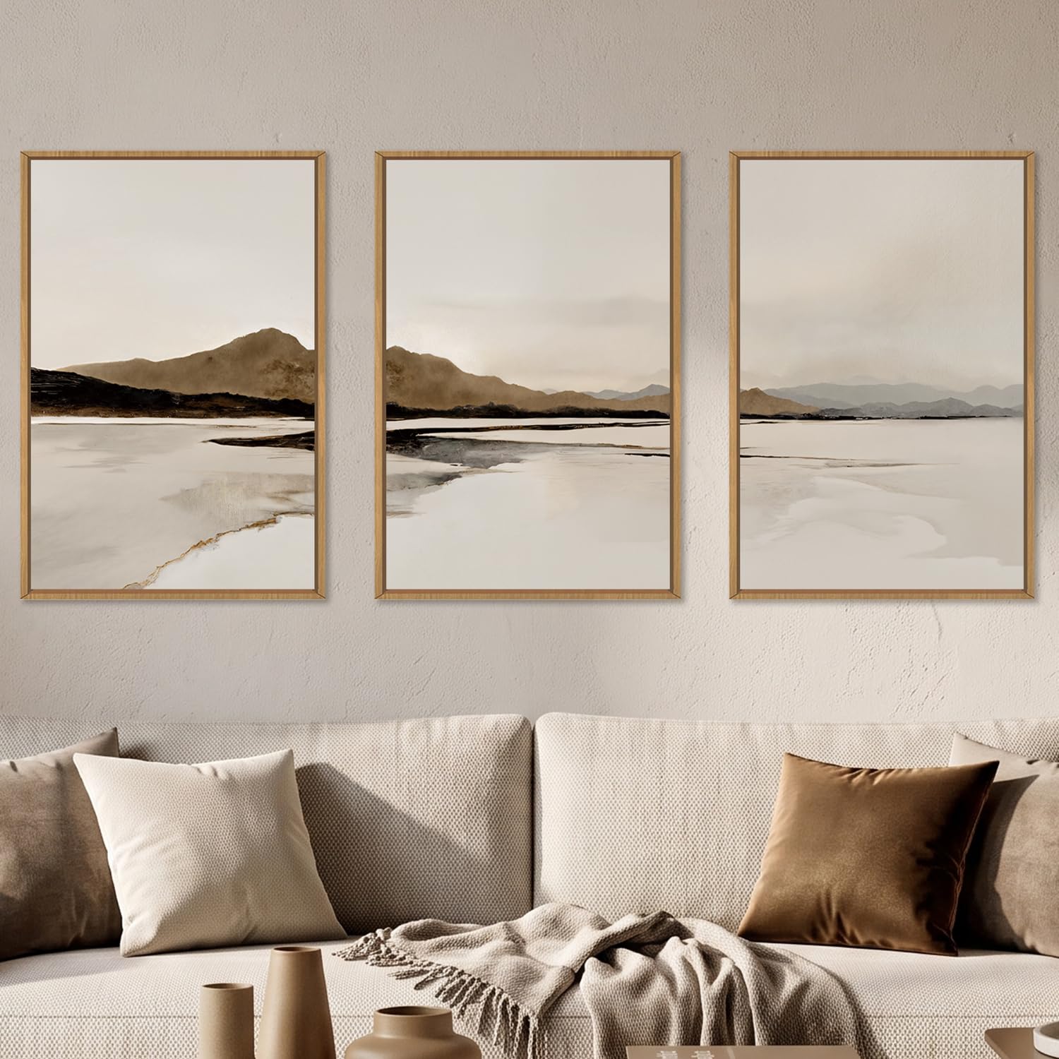 Ausril Gerahmtes Leinwandbild, abstrakt, nebliger Bergsee, beige und braun, strukturierte Wanddekoration, moderne, neutrale Wandmalerei, minimalistische, neblige Kunstdrucke für Wohnzimmer