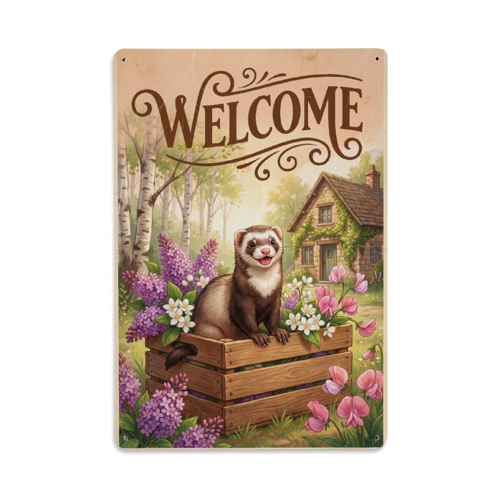 Vintage Welcome Ferret Cozy Corner Metal Tin Sign