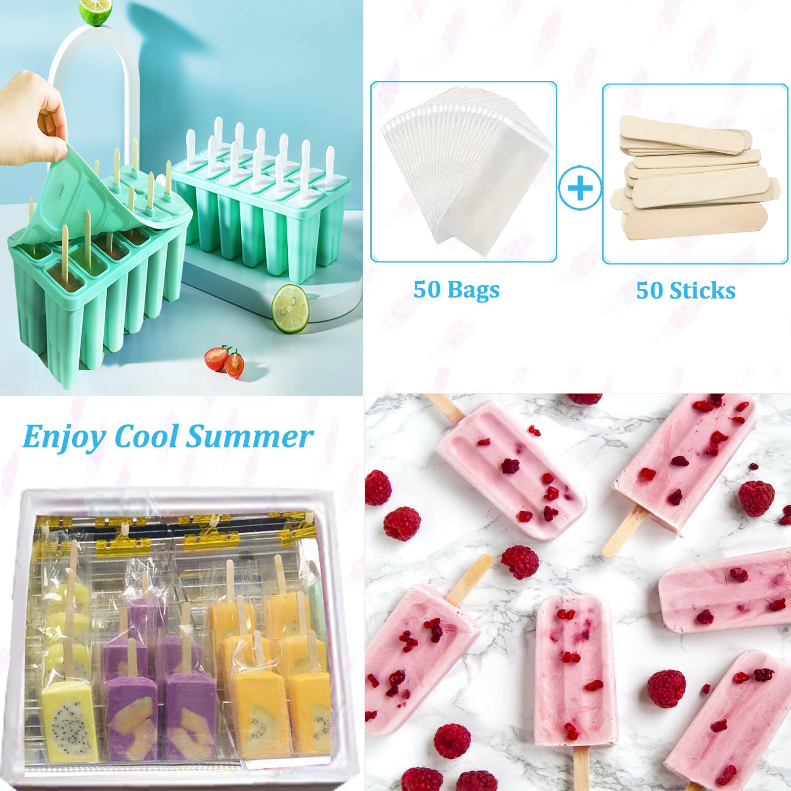 Moldes de silicona para paletas con palitos Wpunwen de 12 cavidades, moldes de helado con cepillo de limpieza, 12 palos reutilizables, 50 palitos, 50 bolsas, color verde