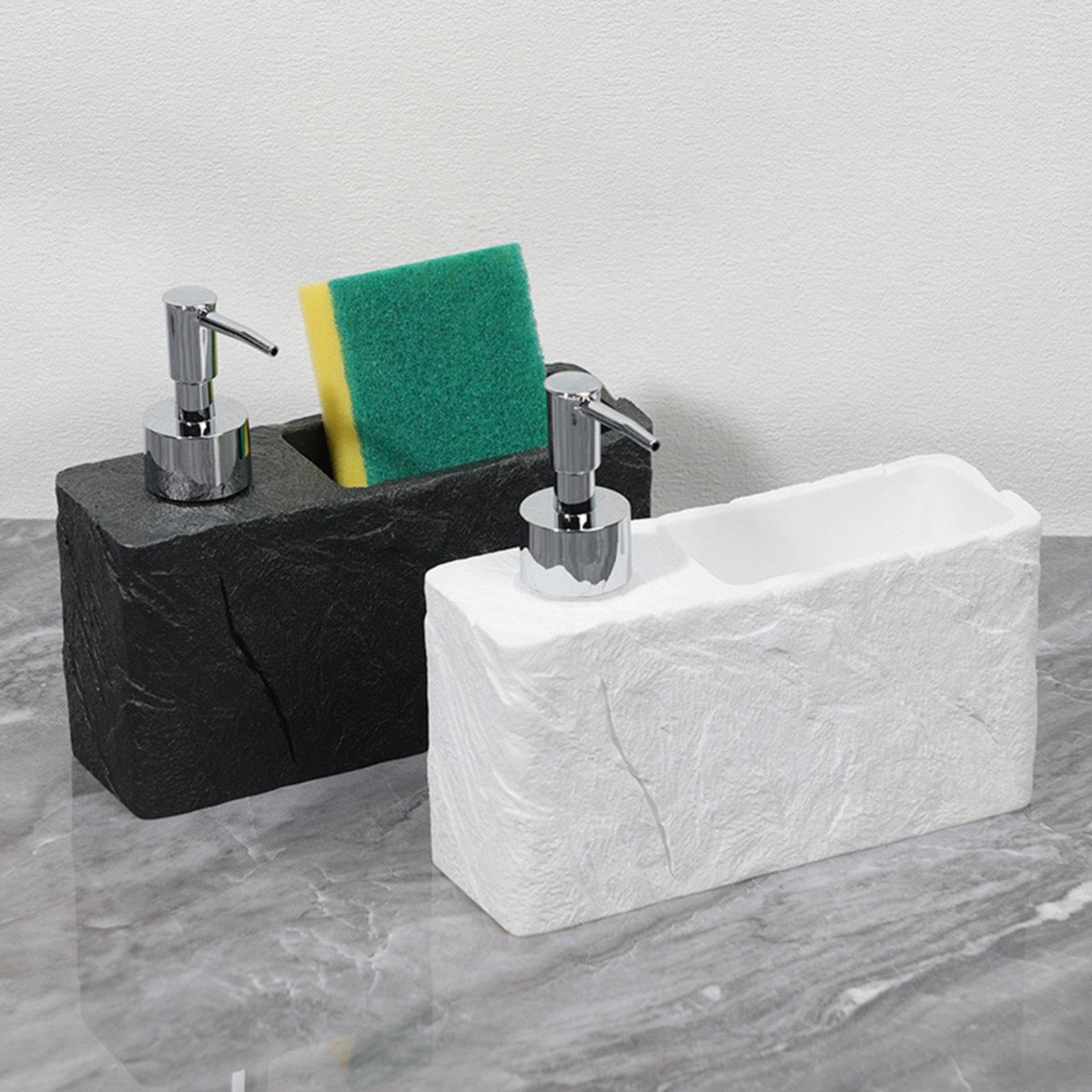 Dispenser di Sapone Liquido Dispenser con Porta Spugna Organizer Multifunzionale in Resina Pompa Erogatrice Accessorio per Cucina Bagno Adatto a Uso D, Bianco