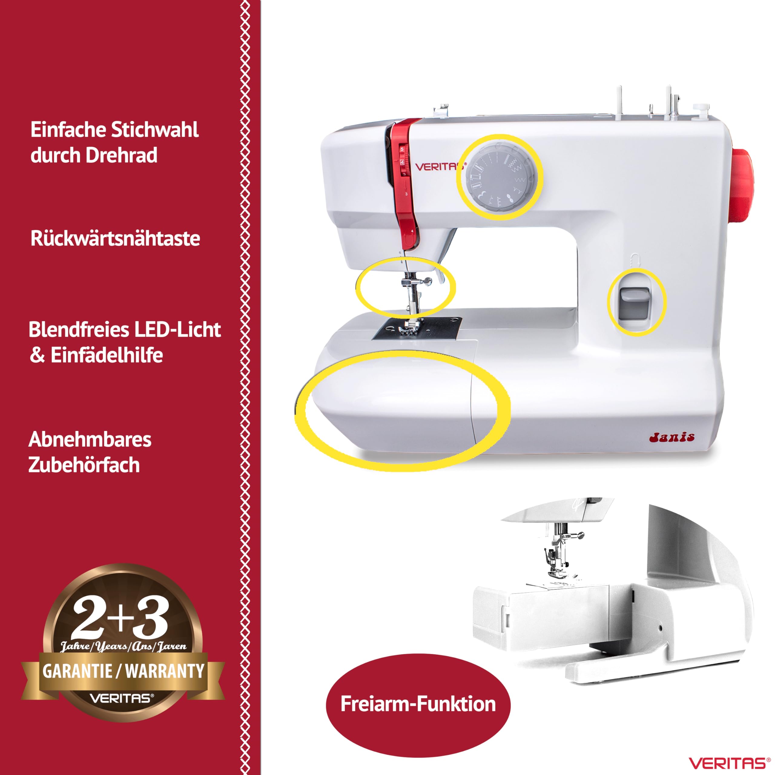 VERITAS Kinder-Nähmaschine Janis I mit Fuß-Pedal I Einfädelhilfe & Fadenabschneider I 9 Stiche I LED-Nählicht I Zierstiche & Stretch-Stiche I Kleine Nähmaschine für Anfänger (weiß-rot)
