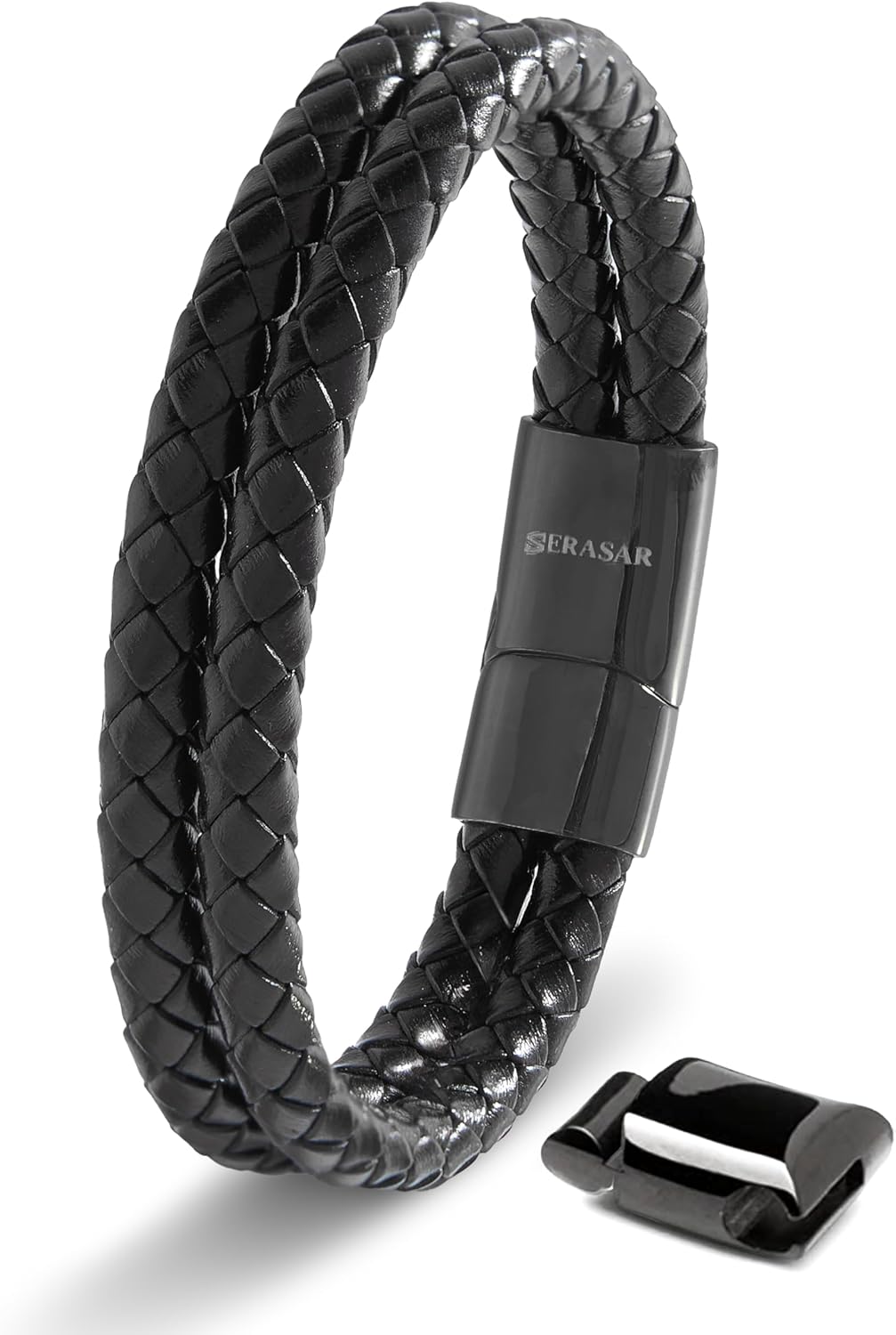 SERASAR Premium Leather Men Bracelet – Magnetic Stainless Steel Clasp Black, Silver & Gold – Jewelry Box – Great Gift Idea