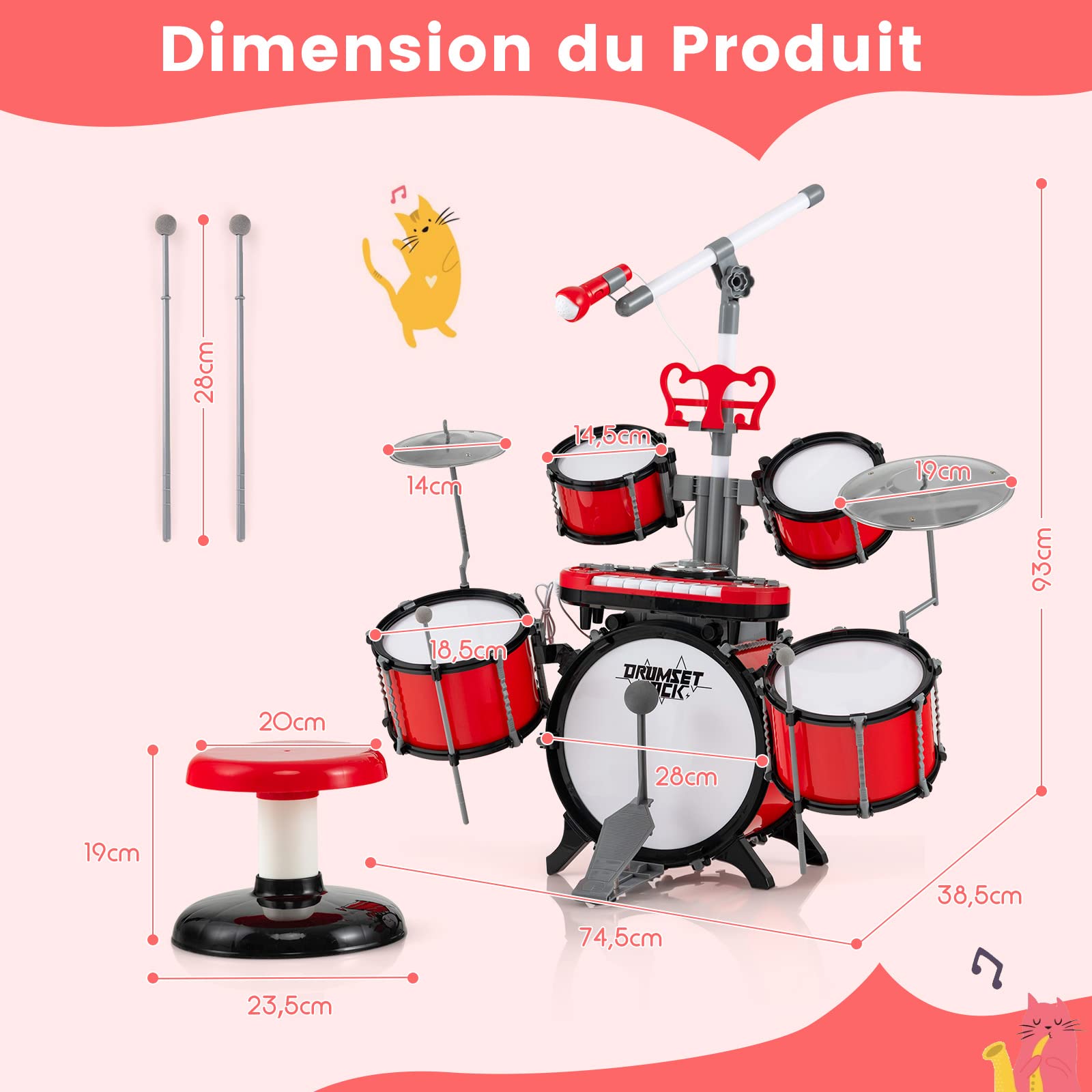 DREAMADE Ensemble de Batterie de Jazz pour Enfant, Jouets Électroniques de Musique avec Pupitre et Tabouret, Clavier à 8 Touches et Platine DJ, Tambours et Gongs de Tailles Différentes, Rouge
