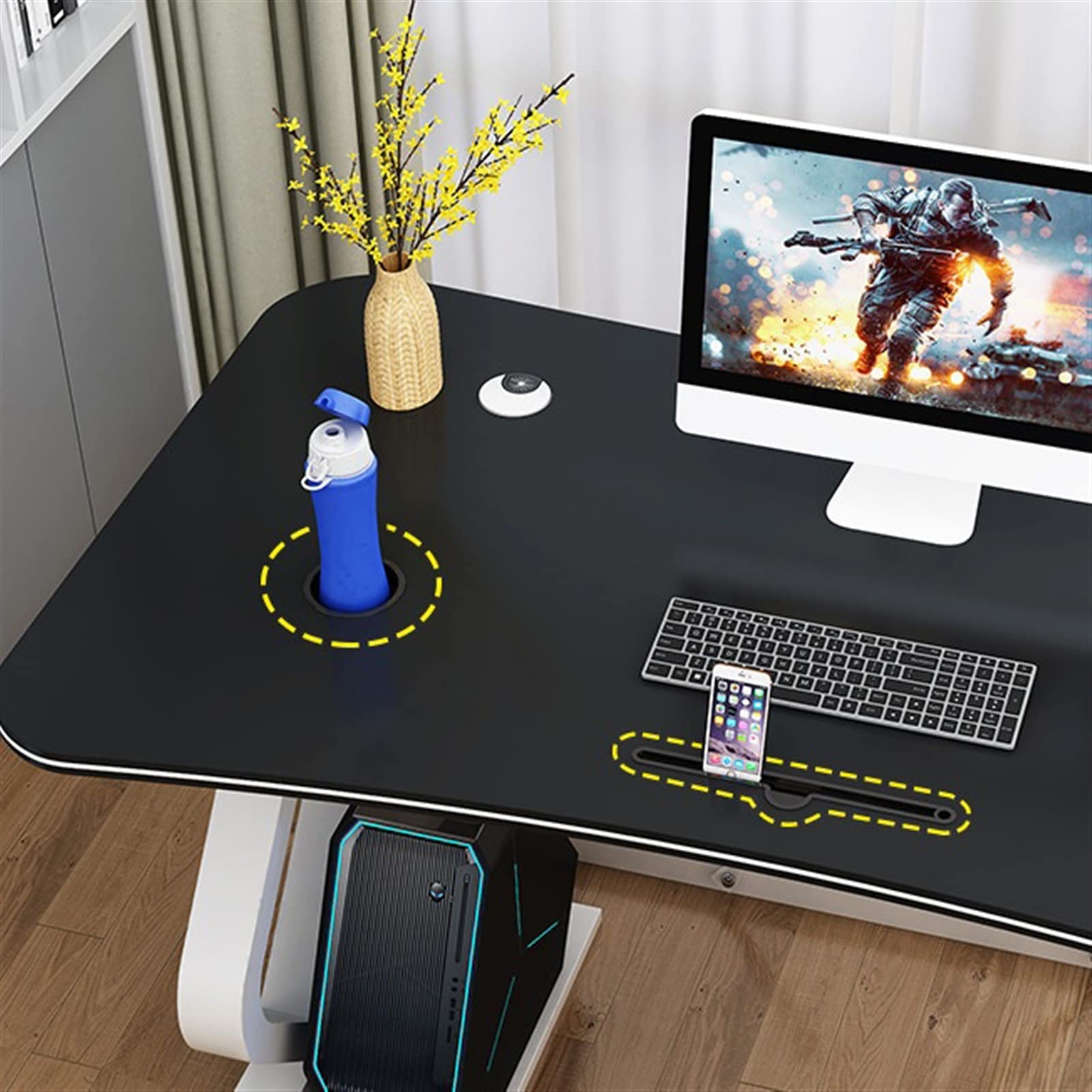 Ergonomischer Gaming-Schreibtisch – Multifunktionaler Computertisch mit Handyschlitz und Bogen-Design für Arbeitsplätze, 120 cm elektronischer Wettkampfschreibtisch