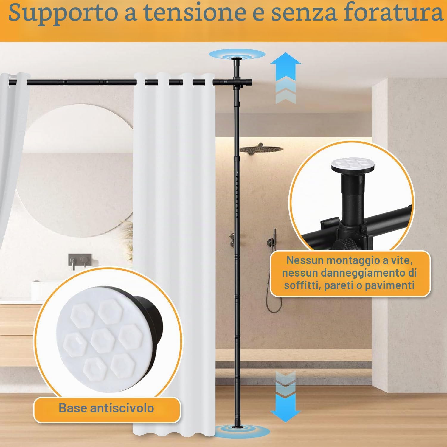 Divisorio senza foratura, asta per tende extra larga come paravento, divisorio indipendente senza tenda, larghezza 70-355 cm x altezza 122-305 cm, frangivista per soggiorno, camera da letto, ufficio