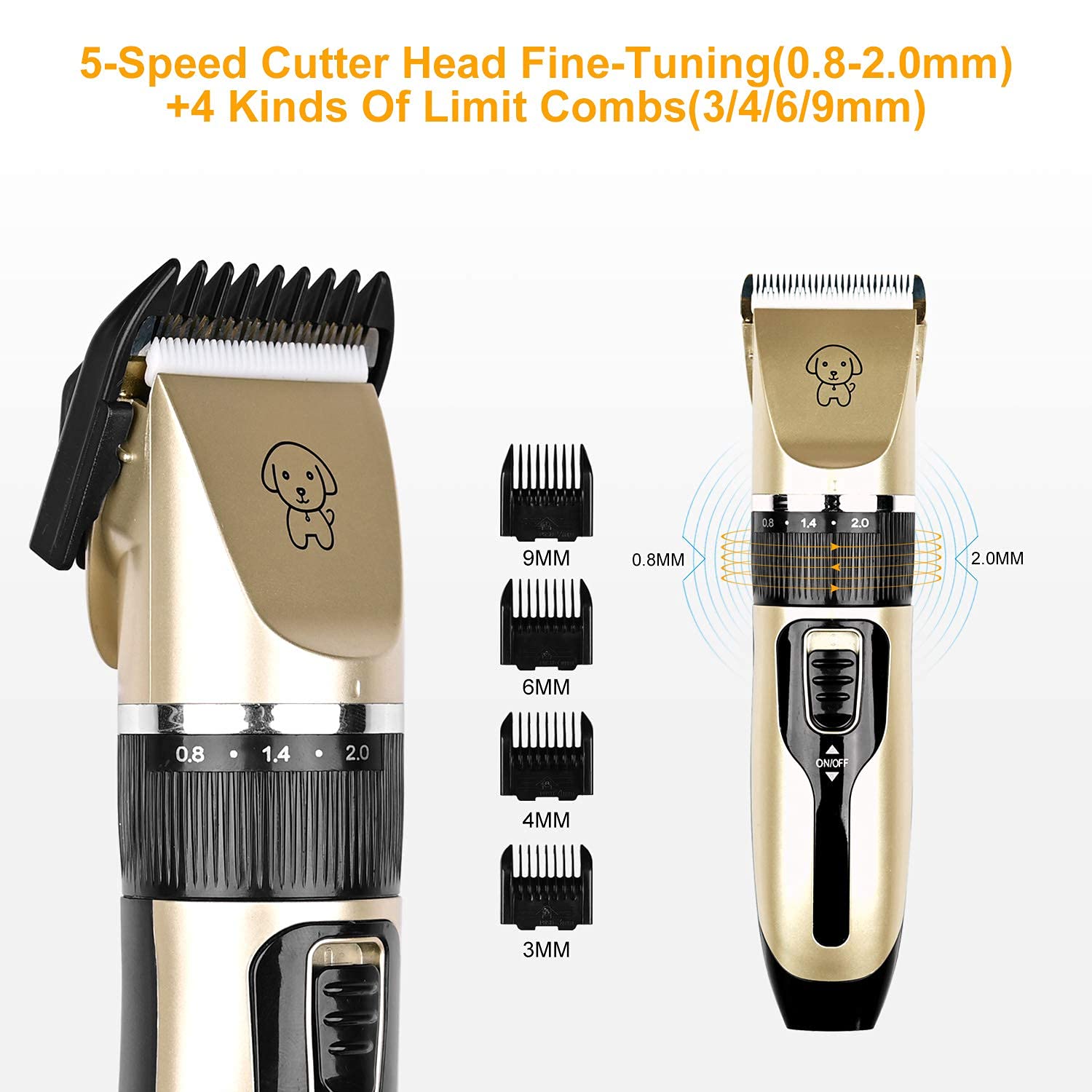 Podazz Tondeuse de toilettage électrique pour Chien, Kit de toilettage sans Fil pour Animaux de Compagnie Kit de Tondeuse à Cheveux pour Chiens, Chats, Animaux de Compagnie (Or)
