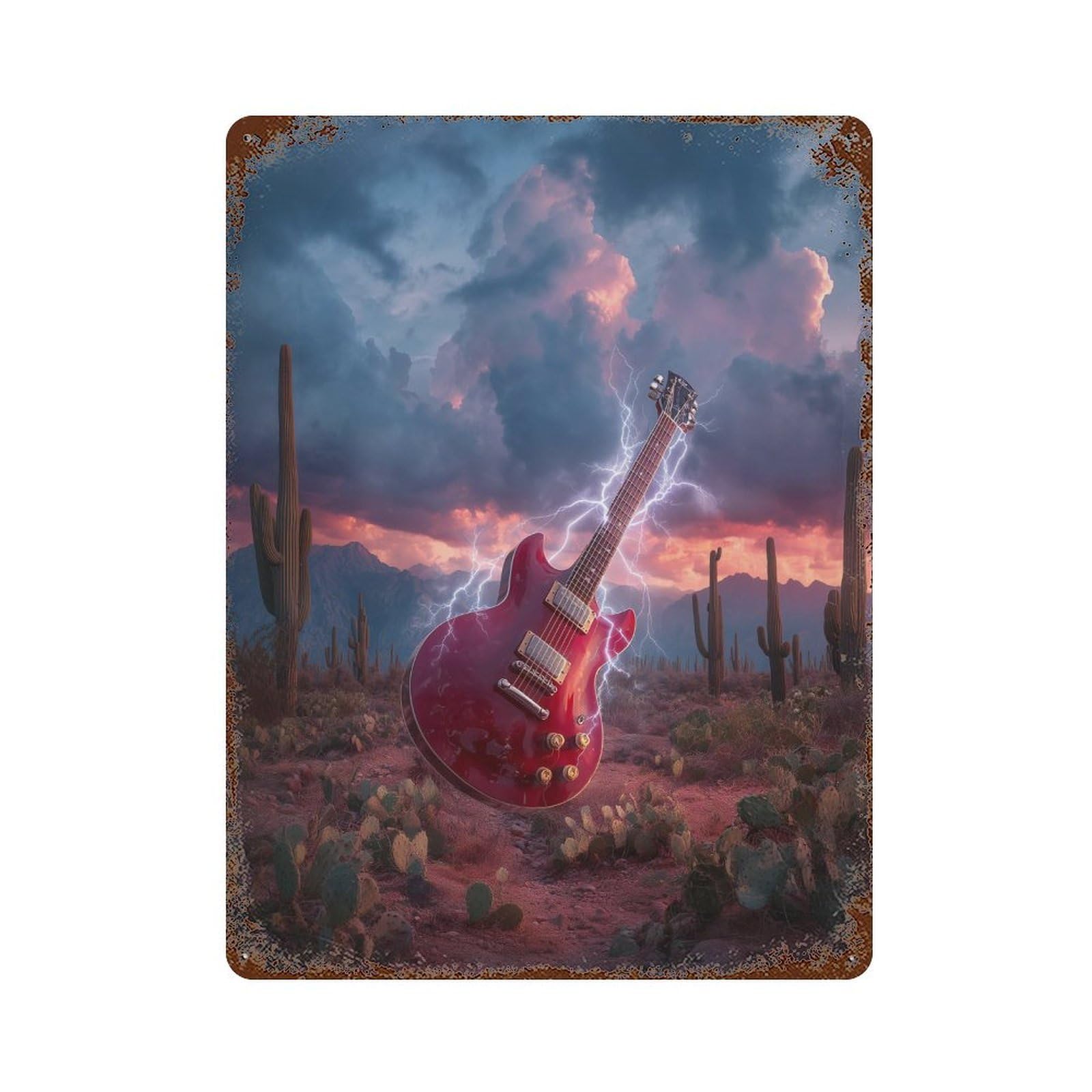 Rust Effect Electric Guitar in Desert Storm Aged Metal Wall Plaque 15.7"x11.8", Classic Wall Plaque for Basement, Hobby Room And Garage Decor