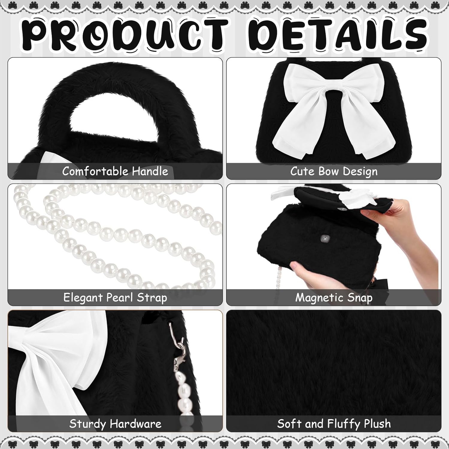 Abbylike 3 Pcs Bow Knot Furry Crossbody Purses with Fluffy Pom Pom Keychain and Pearl Bow Charm Cute Women Handbags - Image 4