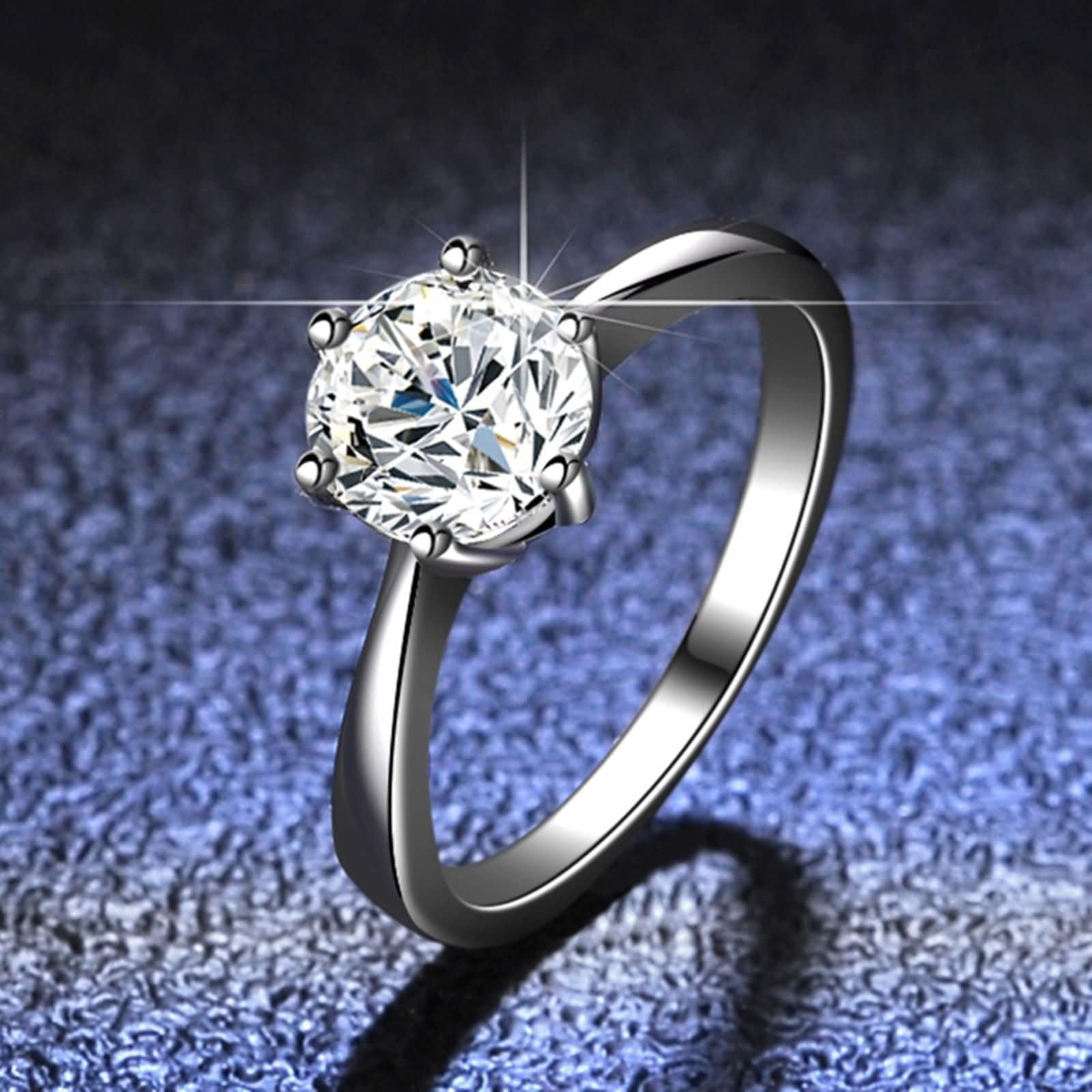 Set di 6 anelli di fidanzamento, da donna, con montatura solitaria, rotondi, con moissanite da 3 carati, in argento platino 950, misura 50 (15,9)