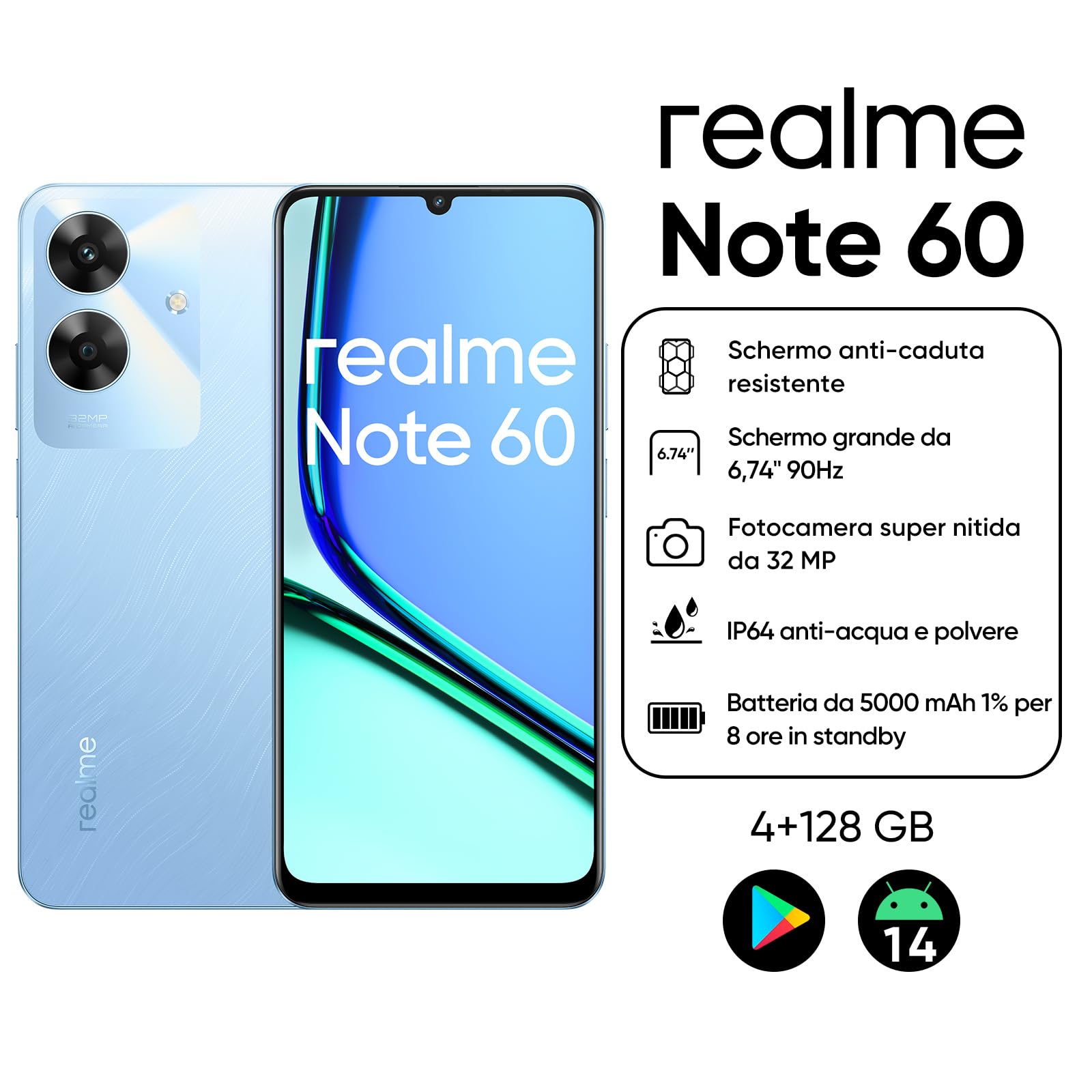 realme Note 60 Smartphone Android, 4G Telefono Cellulare Dual SIM, 90Hz Display LCD da 6.74", 4GB RAM 128GB ROM, Batteria da 5000 mAh, 32MP Fotocamera chiara, Blu, senza Adattatore