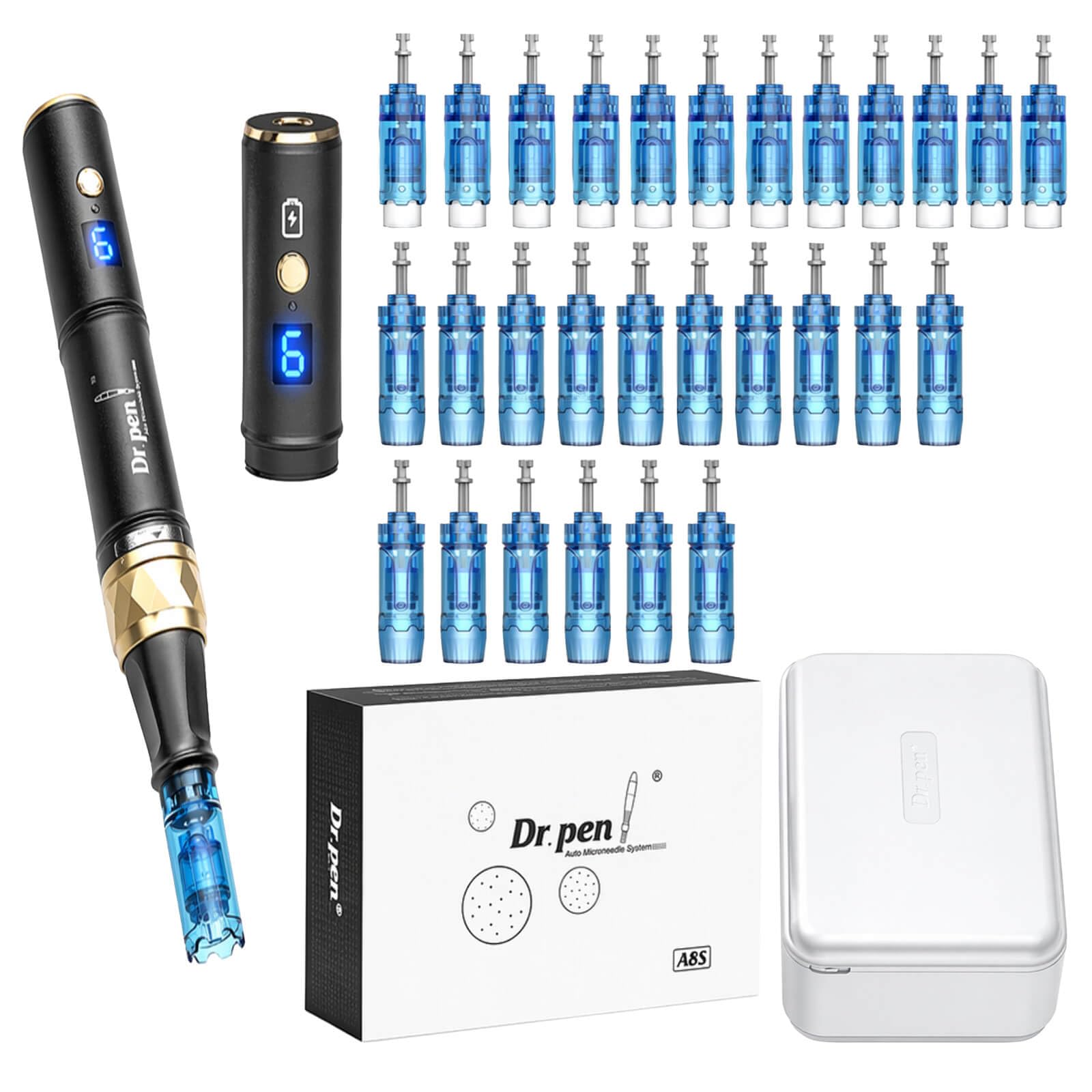 Dr. Pen A8S - Set di penne senza fili per la cura della pelle con 28 punte di ricambio (12 x 18 pin, 10 x 36 pin e 6 x NanoR), indicatore LED, regolazione a 6 livelli, per viso e corpo, casa e studio