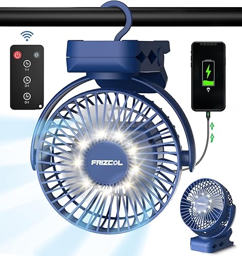 Ventilador portátil con clip de 65 horas de trabajo, ventiladores de campamento con luces LED y gancho, ventilador de batería de capacidad 12000 con