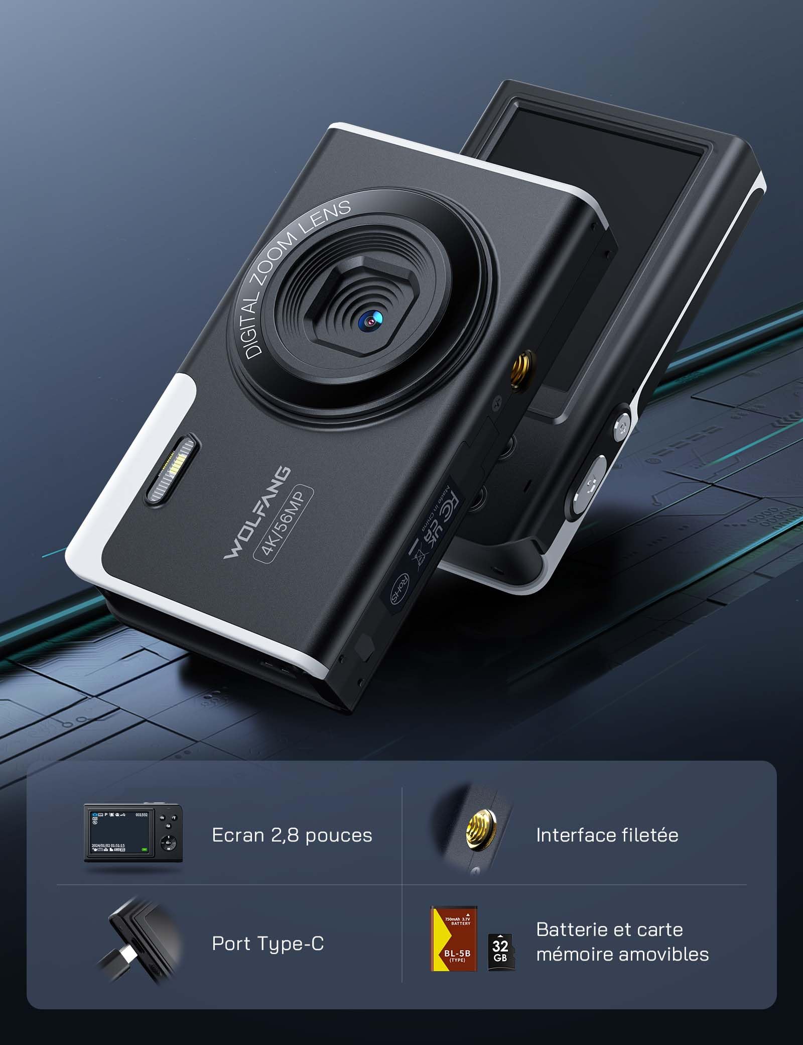 WOLFANG Appareil Photo numérique, caméra 4K pour Enfants, compacte 56 MP, vidéo Zoom numérique 16X, Point de Mise au Point Automatique et Appareil Photo numérique, Cadeau