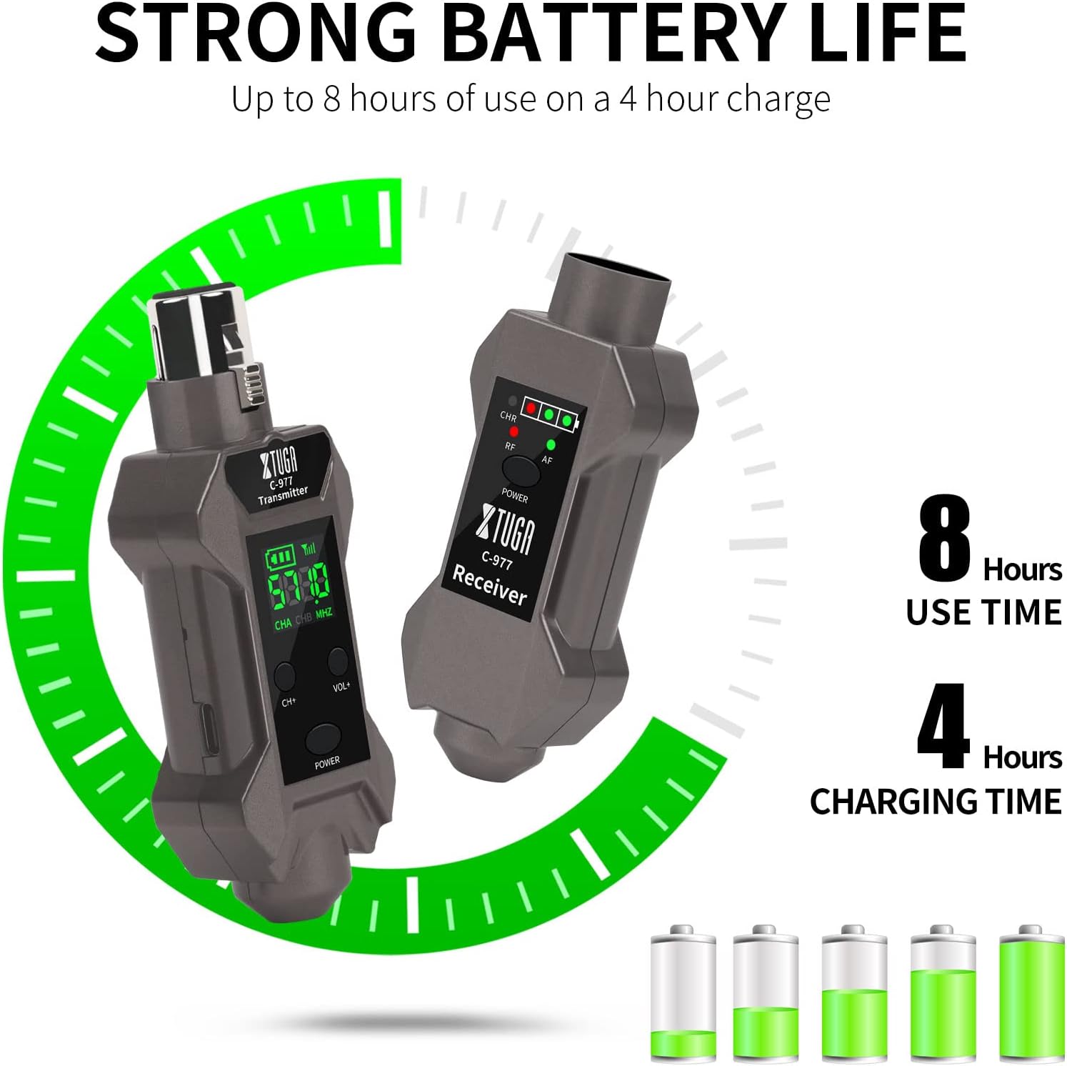 Image showing the XTUGA C-977 transmitter and receiver with battery life indicators and charging time.