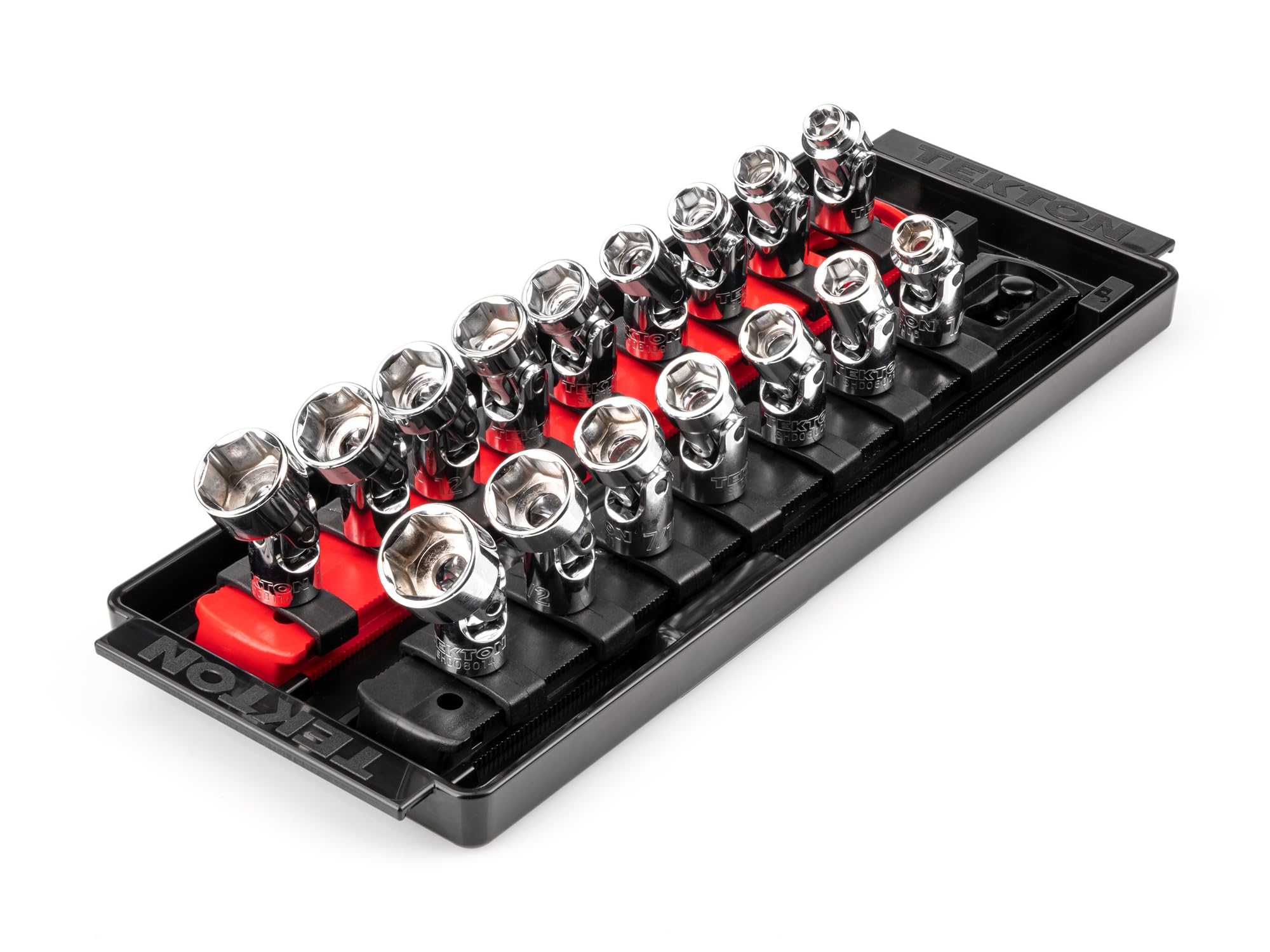 TEKTON 1/4 Inch Drive Shallow 6-Point Universal Joint Socket Set with Rails and Tray, 16-Piece (1/4-9/16 in., 6-14 mm) | SHD90217