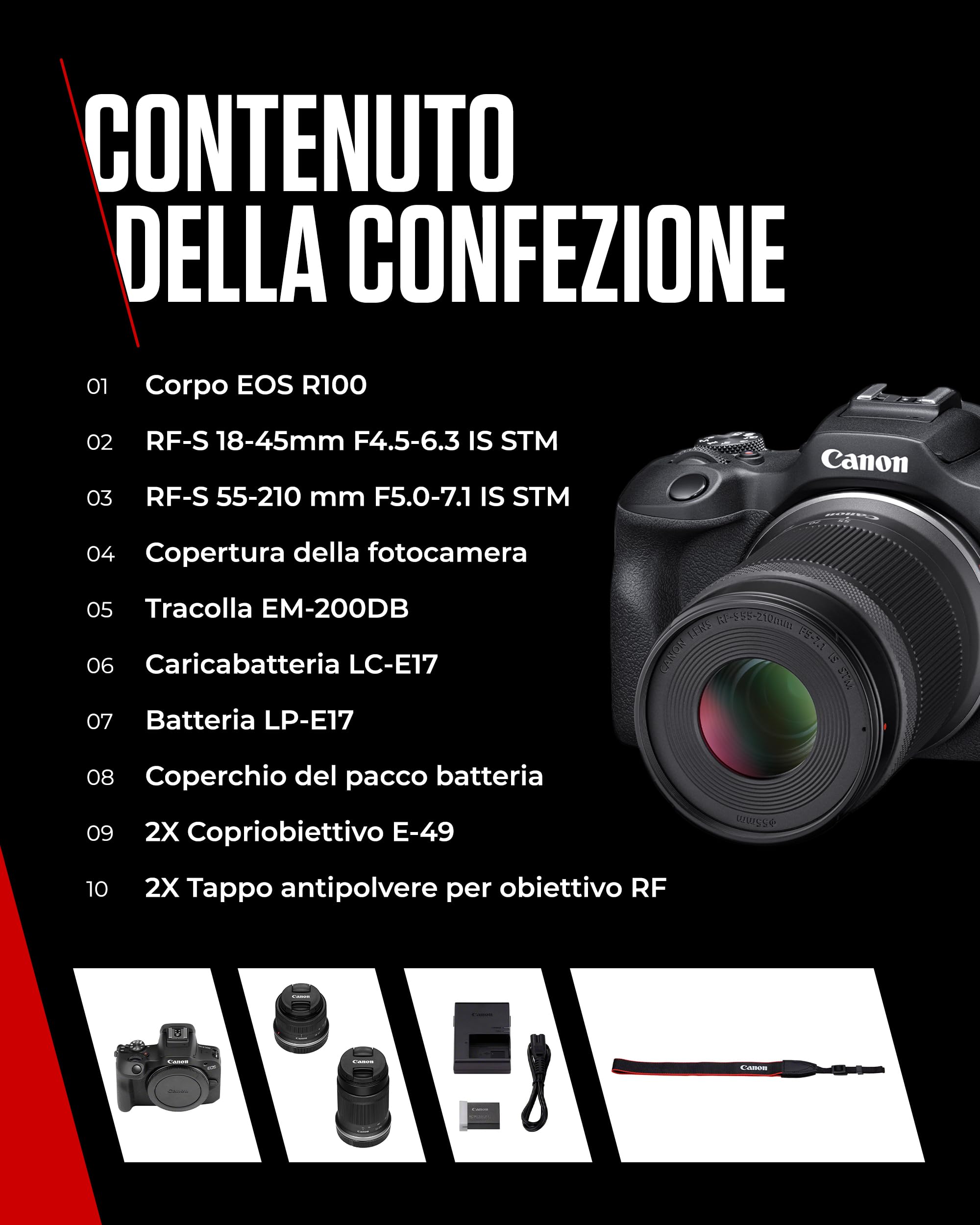 Canon EOS R100 + RF-S 18-45mm IS STM & RF-S 55-210mm IS STM Lenses - Fotocamera Mirrorless APS-C da 24,1 MP, Dual Pixel CMOS AF, Videocamera 4K, Scatto Continuo 6,5 fps - Wi-Fi, Bluetooth