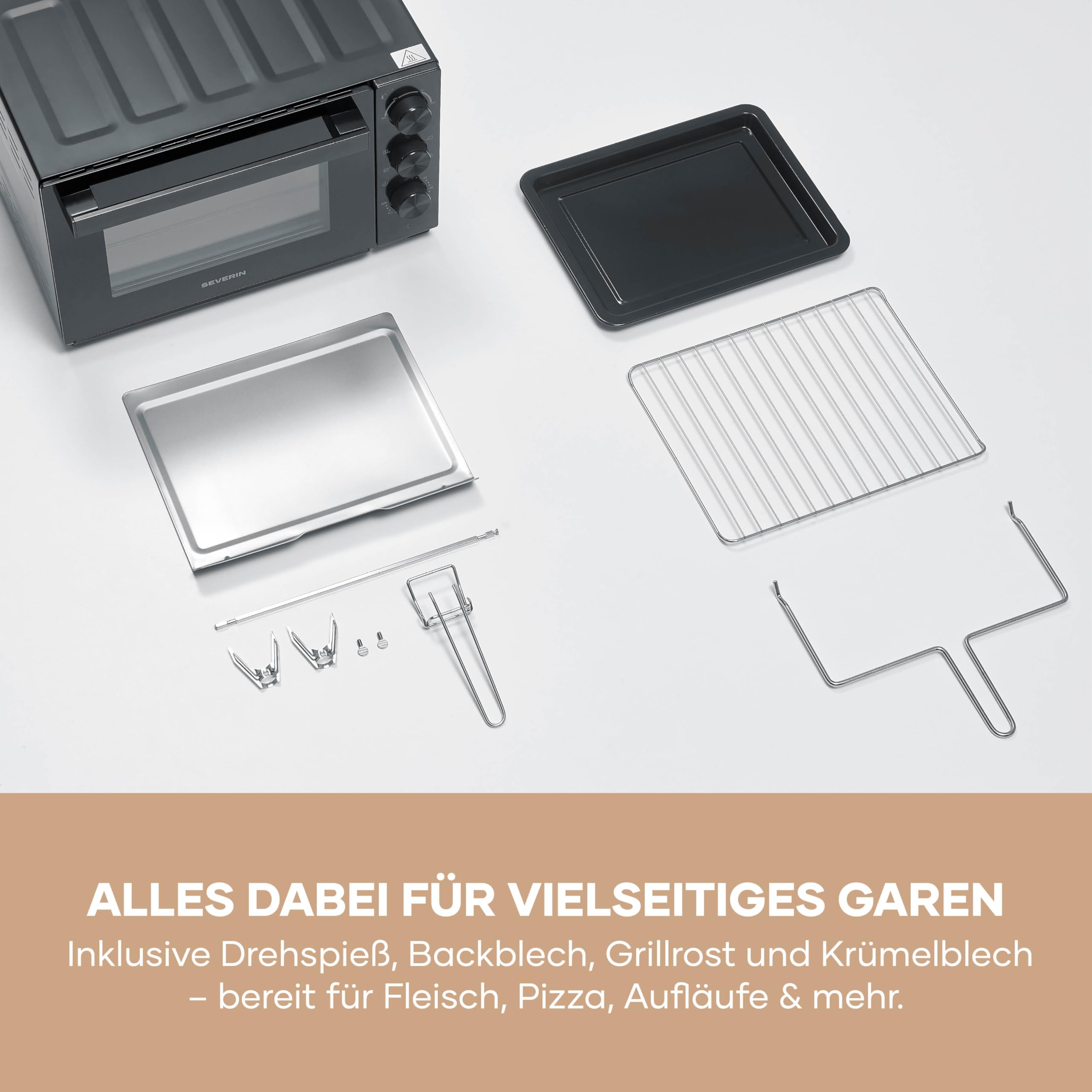Severin Back- und Toastofen mit Umluftfunktion, inkl. Drehspieß für Fleisch, vielseitiger Heißluftofen mit 30 L Kapazität, Aufbackofen, 100-230 °C, Timer 120 Min., 1600 W, schwarz, TO 9020